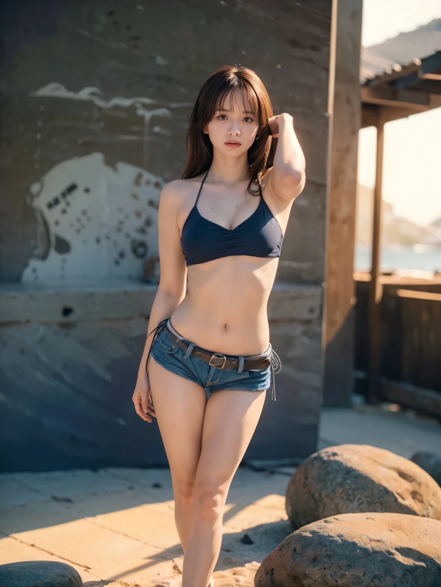 (( 1 girl)), woman, masterpiece, top quality , top quality , cinematic lighting , ( volumetric lighting ), very detailed CG unity 8k wallpaper, Concentrated, 8k wallpaper, very detailed, super real , photorealistic, sharp concentration , absurd, ( high definition :1.2), ( high contrast), unvolume photos , Detailed and complex, instagram, yag, very detailedな, digital painting , Art Station , concept art, smooth, sharp concentration , illustrations, cinematic lighting , ( Big Breasts :1.3), ((( skinny, Thin legs))), ( Japanese Idol Poses), (navy bikini top, damage micro denim shorts, open chest , clevis on a stone), Watch viewers, ((Medium body shot , Hip Level Shot )), medium dark brown hair ,(( sunset beach)), beautiful eyes .