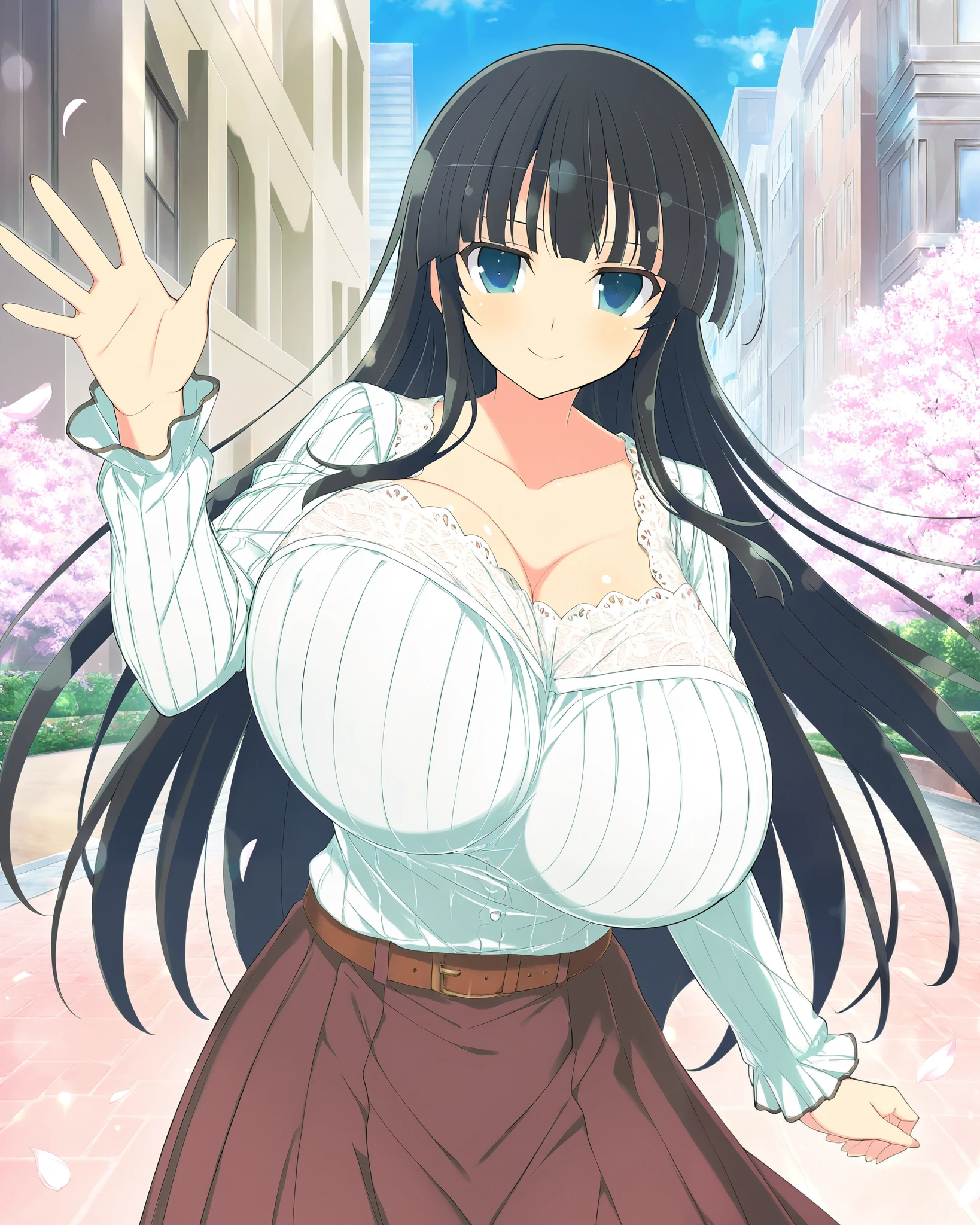 masterpiece, best quality, anime art style, Official Art, yaegashi nan(artist), perfect eyes, detailed eyes, perfect face, perfect hair, detailed hair, shiny hair, beautiful character design, 1 girl, alone, Ikaruga (Senran Kagura New Link), black hair, blunt bangs, hime cut, blue eyes, black pupils, sweet smile, standing, waving towards viewer, looking at viewer, slim body, cowboy shot, gigantic breasts, bouncing breasts, collarbone, white blouse, ribbed blouse, floral lace, brown belt, pleated red skirt, long skirt, outdoors, at the city