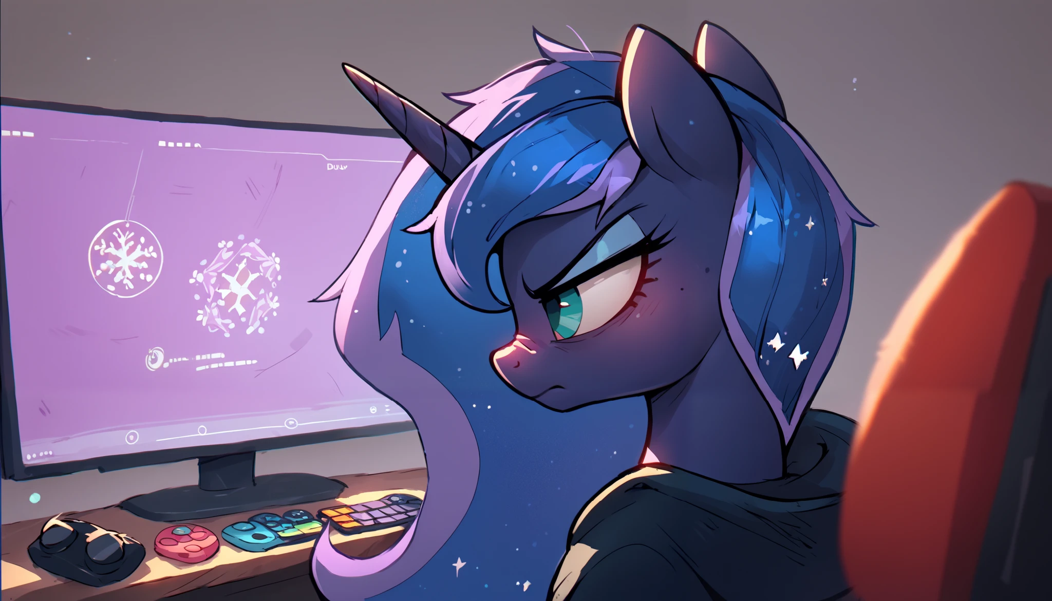 Score_9, Score_8_up, Score_7_up, Score_6_up, a serious alicorn unicorn, player of Princess Luna from My Little Pony, represented with a dark hoodie playing in a gamer chair looking at a screen, where she is playing the mythical game 2d geometry dash. Luna's mane flows in a wavy pattern of nighttime colors, with shades of blue, purple, and violet mixing with each other. She is looking at the screen where she plays with a spoiled expression. The stage is a room. In its extended magical aura is a smartphone with a snowflake logo on the back.