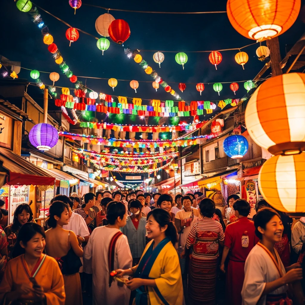 A vibrant summer festival scene featuring Japanese ren dressed in colorful yukata, laughing and playing under glowing paper lanterns. The atmosphere is lively, with traditional festival stalls offering treats like cotton candy and takoyaki, and a backdrop of fireworks lighting up the evening sky. The ren hold fans and sparklers, their faces lit with joy as they celebrate amidst the sounds of taiko drums and cheerful chatter. Traditional Japanese decorations and a bustling crowd complete the festive ambiance.