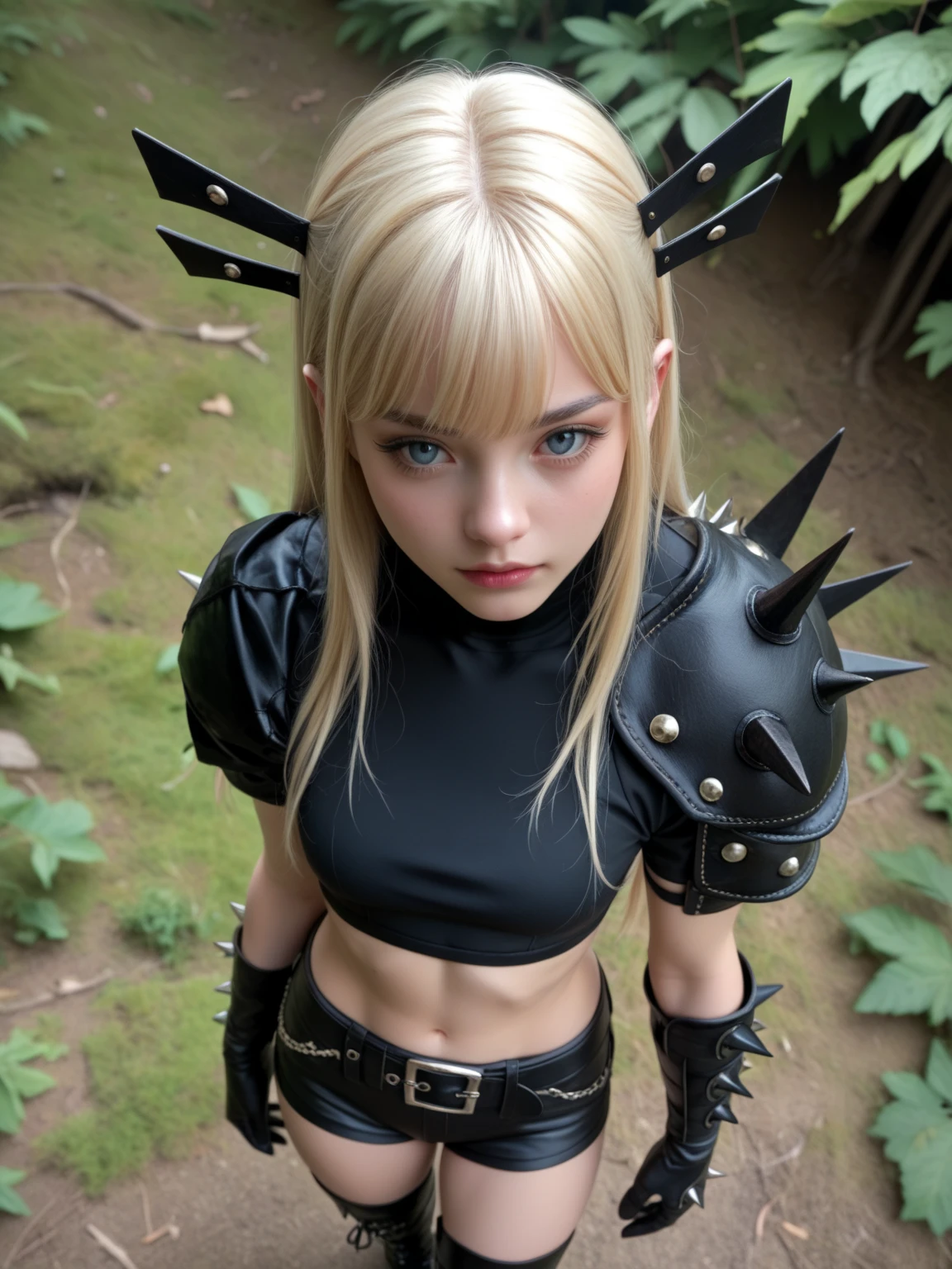  score_9,  score_8_above,  score_7_above, BREAK, , 1 girl, Alone,  long blonde hair ,  black hair decoration ,  shoulder pad with spikes ,  black gloves, black crop top, neckline, midriff,  black shorts , Black High Boots,  black and white forest background 