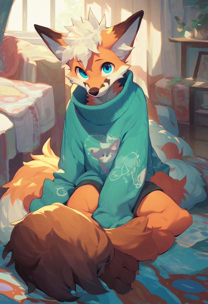 a fox with complexly patterned fur,  blue eyes, cute, wearing an oversized v cut sweater, paws, fluffy, large tail, messy hair, male, background is a bedroom, detail