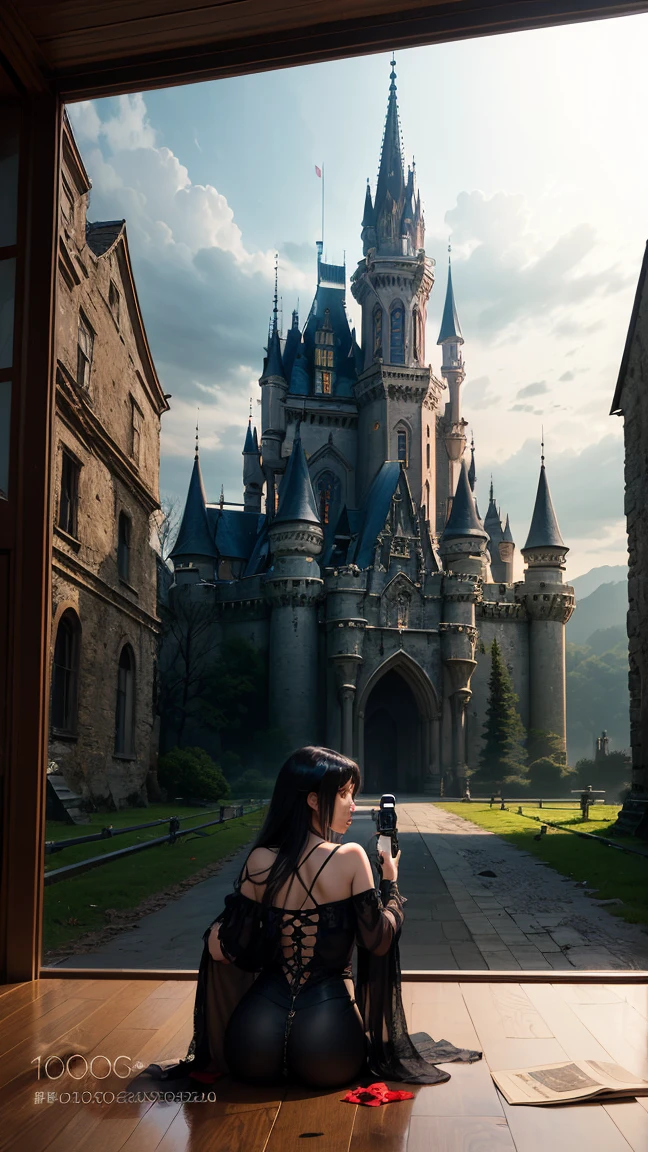 Best quality, Masterpiece, 超高分辨率, (photograph realistic:1.4), surrealism, Dream-like,fusionart, Shadowdancer, shadow magic,Red-eyed, Black-haired vampire，Dilapidated castle in the background