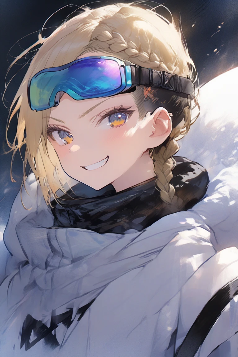 A girl, with blonde hair,   undercut hairstyle with long bangs with a braid behind  ,   big breasts,  with golden eyes, on his neck some ski goggles  , smug look, standing ,  front view, wear a white hooded top with long sleeve ,  wearing a tight black suit similar to a leg-length diving suit,   with a leather garter on the thigh  ,   blue on the left leg only with a black hairstyle with long tights  