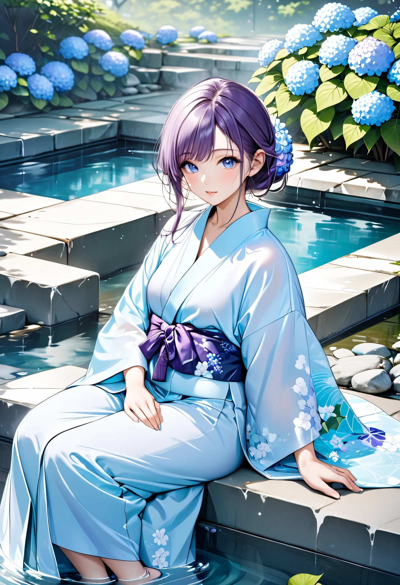 A beautiful woman sitting on a large stone in an open-air bath like a Japanese garden, her expression cool as she feels the fresh breeze, BREAK wearing a yukata with white and purple hydrangeas on a Tiffany blue fabric, professional and perfect composition, extremely delicate depiction, extremely clear image, ultra detailed, absolutely resolution, masterpiece