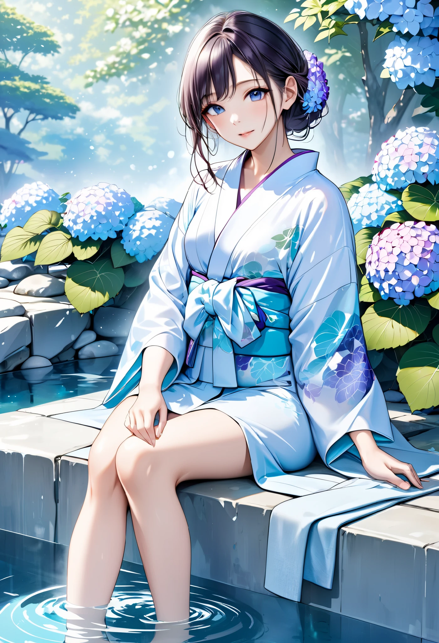 A beautiful woman sitting on a large stone in an open-air bath like a Japanese garden, her expression cool as she feels the fresh breeze, BREAK wearing a yukata with white and purple hydrangeas on a Tiffany blue fabric, professional and perfect composition, extremely delicate depiction, extremely clear image, ultra detailed, absolutely resolution, masterpiece