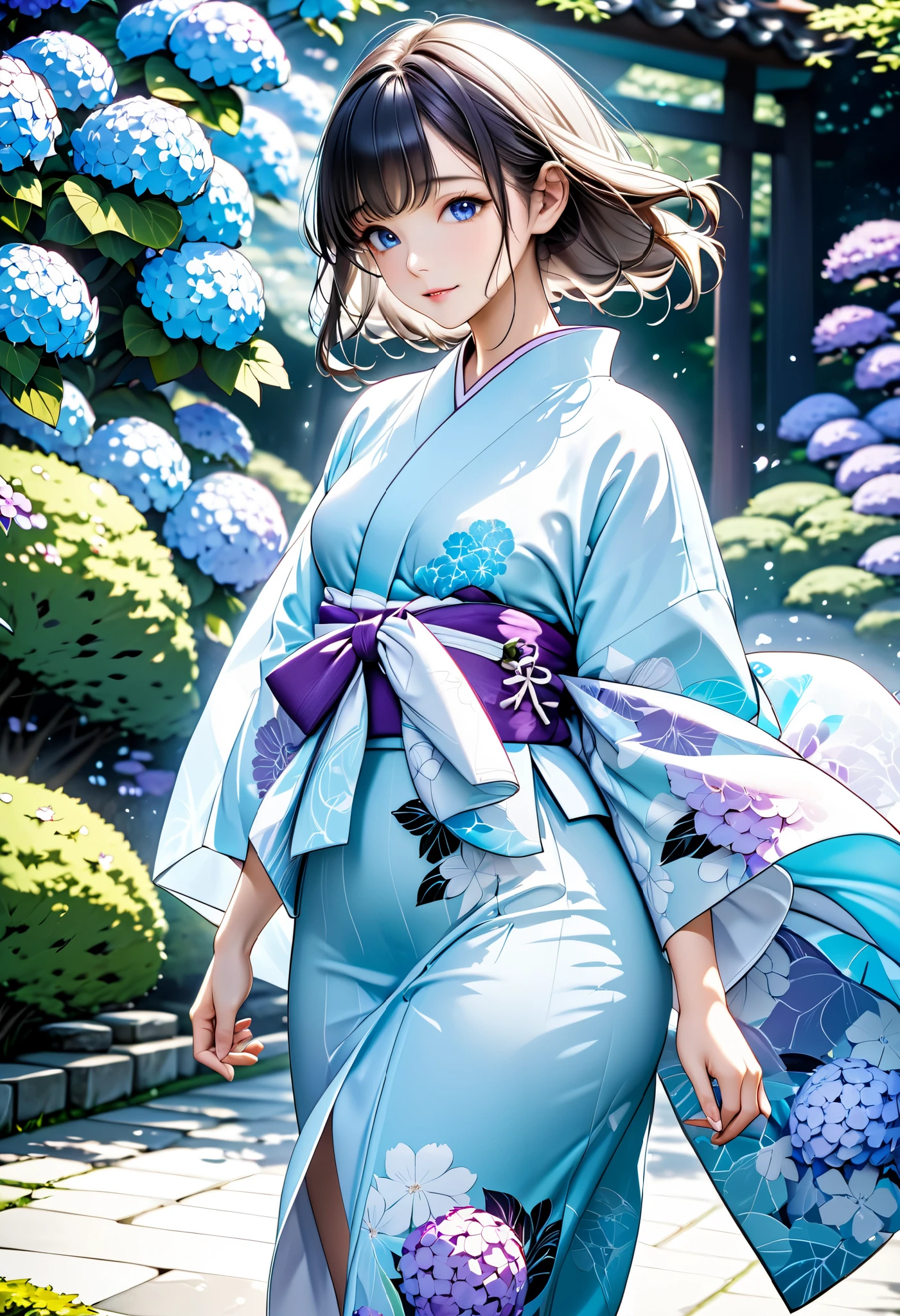 ultra detailed, absolutely resolution, masterpiece, beautiful woman strolling through Japanese garden, expression cool as feels the fresh breeze, BREAK wearing Japanese yukata with white and purple hydrangeas on Tiffany blue fabric, a professional and perfect composition, extremely delicate depiction, extremely clear image, effective effects, bold and dynamic, contrasts of light and shadow, 2.5D, artistic photography, hyper realistic