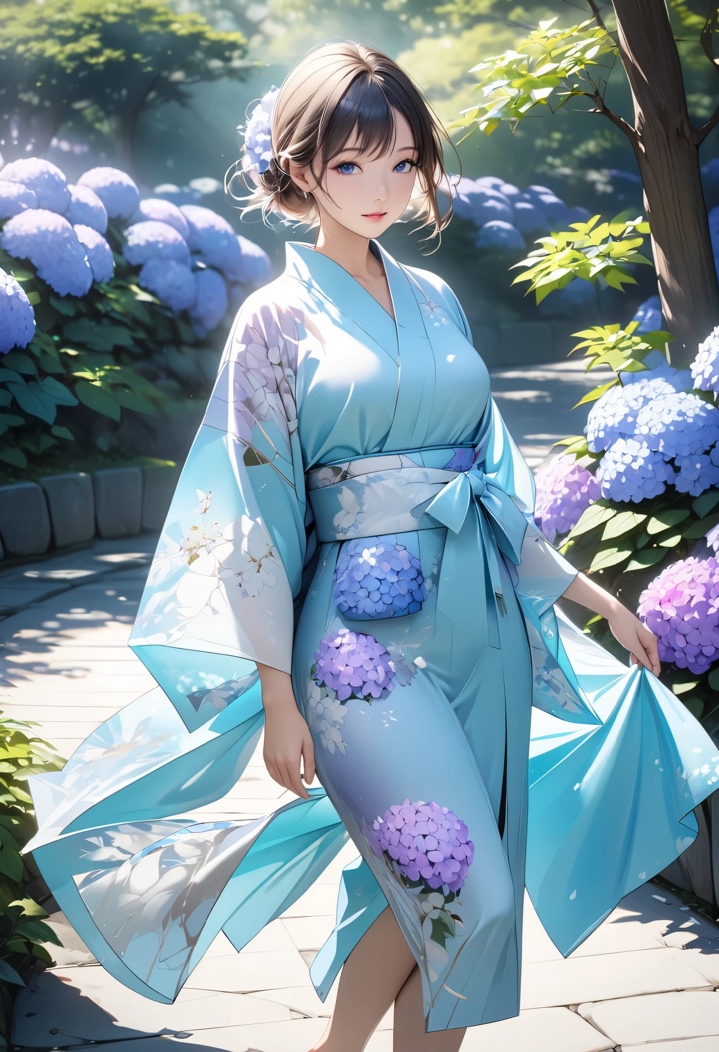 ultra detailed, absolutely resolution, masterpiece, beautiful woman strolling through Japanese garden, expression cool as feels the fresh breeze, BREAK wearing Japanese yukata with white and purple hydrangeas on Tiffany blue fabric, a professional and perfect composition, extremely delicate depiction, extremely clear image, effective effects, bold and dynamic, contrasts of light and shadow, 2.5D, artistic photography, hyper realistic