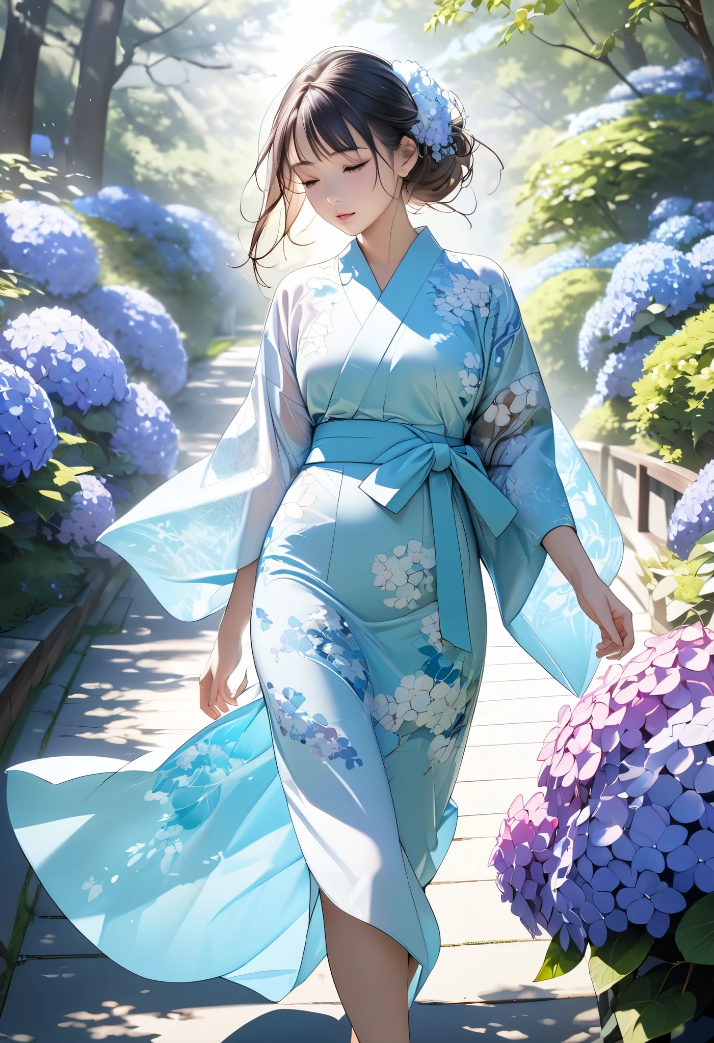 ultra detailed, absolutely resolution, masterpiece, beautiful woman strolling through Japanese garden, expression cool as feels the fresh breeze, BREAK wearing Japanese yukata with white and purple hydrangeas on Tiffany blue fabric, a professional and perfect composition, extremely delicate depiction, extremely clear image, effective effects, bold and dynamic, contrasts of light and shadow, 2.5D, artistic photography, hyper realistic