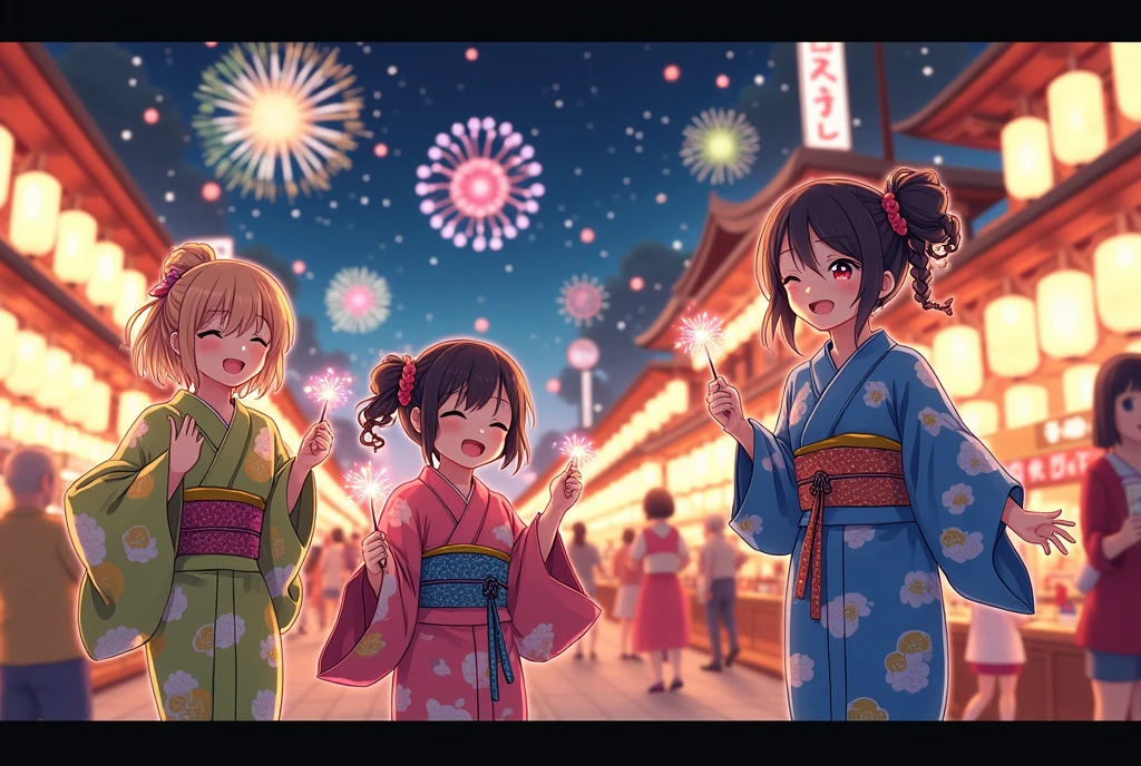 A vibrant summer festival scene featuring Japanese ren dressed in colorful yukata, laughing and playing under glowing paper lanterns. The atmosphere is lively, with traditional festival stalls offering treats like cotton candy and takoyaki, and a backdrop of fireworks lighting up the evening sky. The ren hold fans and sparklers, their faces lit with joy as they celebrate amidst the sounds of taiko drums and cheerful chatter. Traditional Japanese decorations and a bustling crowd complete the festive ambiance.