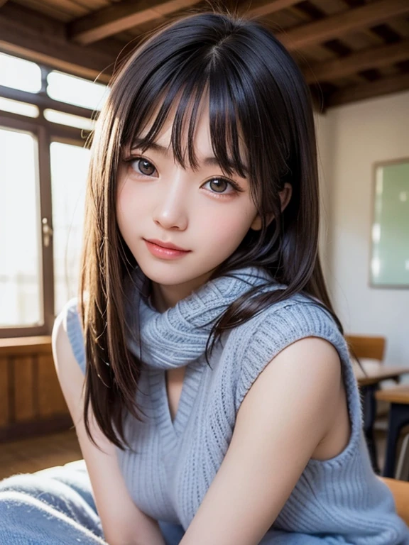 Best image quality, focus, soft light, 15 years old, ((Japanese)), (sleeveless), (((front, young face))), (depth of field), super high resolution, (realistic: 1.4 ), RAW photo, (knit clothes), skirt, masterpiece, highest quality, (photoreal), woman, bangs