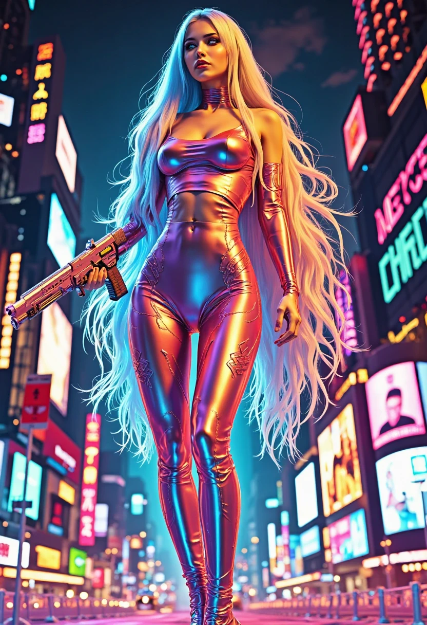 ((a photorealistic glamour shot of an exquisite, glamour mecha female vampire: 1.5)), ((full body: 1.3)), ultra feminine, pale face, golden hair, long vibrant shiny hair, glamorous hair,  red eyes, miniatures mechanical , deep penetrating eyes, red lips, lustful lips, ((two visible vampiric fangs: 1.5), drops of blood dripping from the mouth, ((cyberpunk style: 1.5)), she wears (white elegant glamour dress, with small delicate mechanical parts: 1.4), digital parts,  intricate details, the dress is studded with diamonds, tight suit, dynamic color, high heels, cyberpunk street at night background, (highest quality:1.2, Very detailed, up to date, Vibrant, Ultra-high resolution, High Contrast, masterpiece:1.2, highest quality, Best aesthetics), best details, best quality, highres, ultra wide angle, 16k, [ultra detailed], masterpiece, best quality, (extremely detailed), Genetically modified..., Cinematic Hollywood Film, nijimecha, aetherpunkai