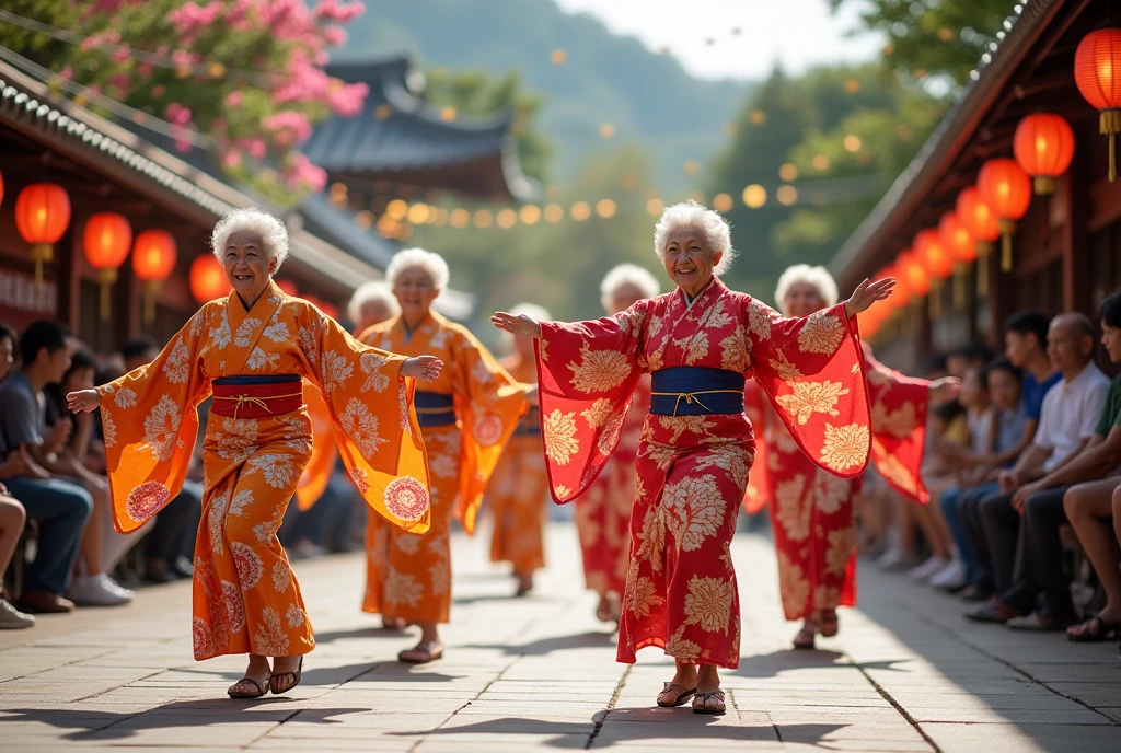 A vibrant summer festival scene featuring Japanese ren dressed in colorful yukata, laughing and playing under glowing paper lanterns. The atmosphere is lively, with traditional festival stalls offering treats like cotton candy and takoyaki, and a backdrop of fireworks lighting up the evening sky. The ren hold fans and sparklers, their faces lit with joy as they celebrate amidst the sounds of taiko drums and cheerful chatter. Traditional Japanese decorations and a bustling crowd complete the festive ambiance.