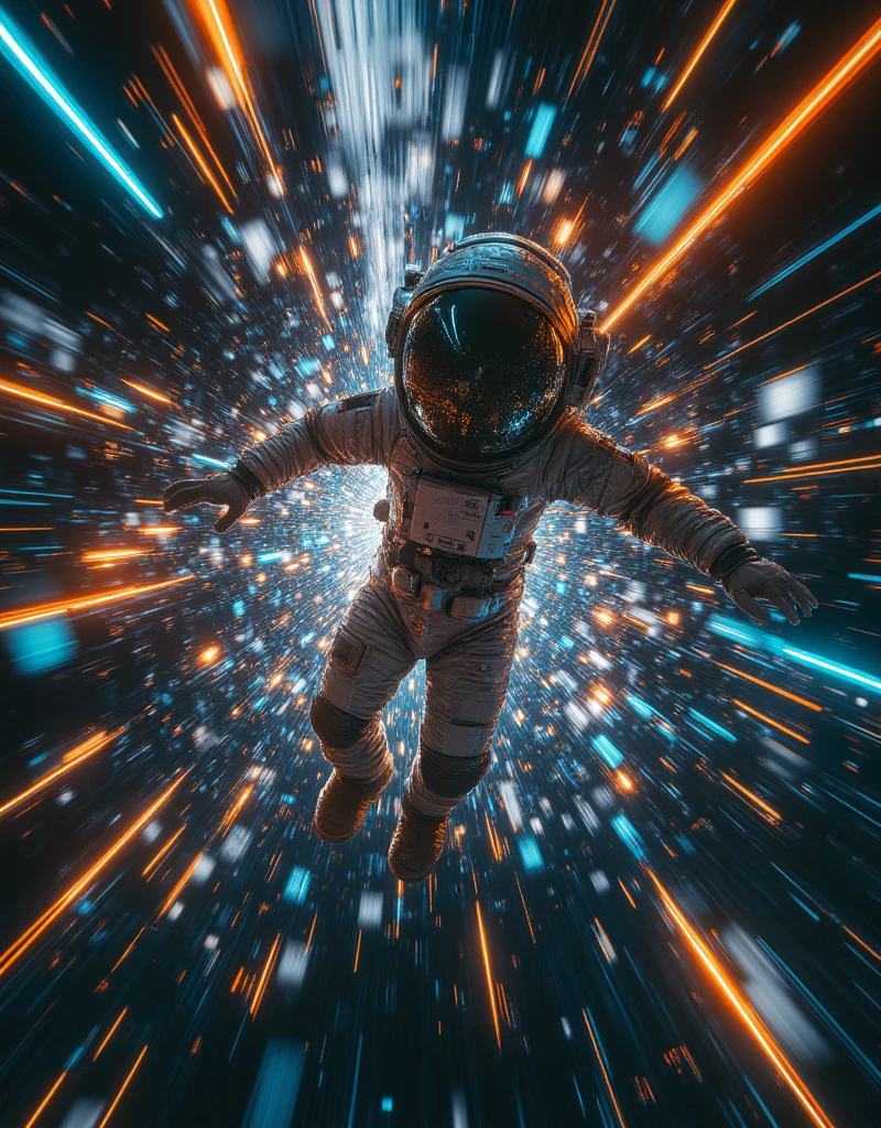 An astronaut is in rapid freefall through a chaotic, multi-dimensional space tunnel. Surrounding the astronaut are floating fragments of broken glass, spaceship debris, and metallic shards, their surfaces shimmering like mirrors. These fragments reflect the astronaut’s memories: glimpses of their face inside the helmet, peaceful moments from life on Earth—family under a glowing sunset, ren laughing, or staring at the starry sky. Some shards show uncertain future visions: a spaceship launching, planets breaking apart, or futuristic cities collapsing. These reflections create an overwhelming sense of time travel and the blending of past, present, and future.

The space tunnel is filled with streaks of glowing energy lines—orange, blue, and white—rushing past the astronaut at light speed, distorting and stretching the surroundings as if time and space are unraveling. The background features a black hole-like void, its gravitational pull warping light, debris, and reflections into spiraling patterns. As the astronaut descends, the fragmented reflections flicker and shift, enhancing the feeling of rapid motion and temporal distortion.

The color palette is dominated by deep blacks, neon blues, and fiery oranges, with shimmering metallic reflections adding depth. The debris and glowing energy lines appear blurred and stretched, emphasizing the extreme velocity of the descent. This creates a surreal and emotional atmosphere, blending science fiction, dreamlike visuals, and the concept of time travel. The scene evokes a sense of existential solitude, memory, and the uncertainty of what lies ahead, inspired by the visual aesthetics of ‘Interstellar’ and the distortion of time and space near a black hole