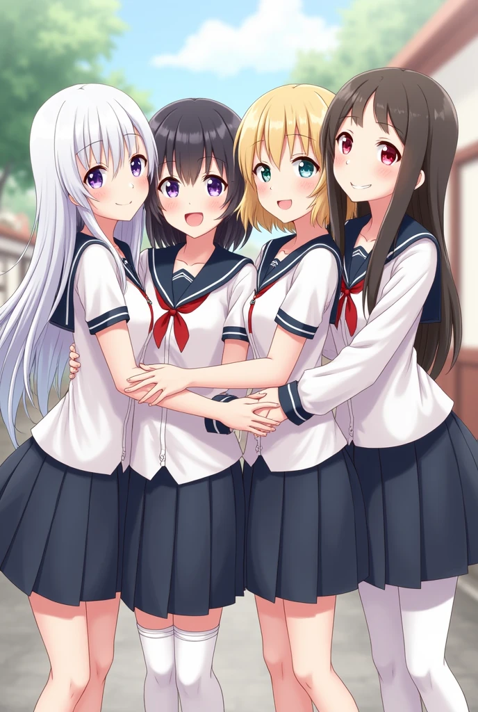 girl number 1 will have long white hair and purple eyes, girl number 2 will have short black hair and blue eyes, girl number 3 will have short blonde hair and pink eyes, girl number 4 will have long black hair and green eyes. The 4 of them are hugging each other, holding hands and smiling happily ( all 4 girl). school uniform + skirt + white tights. school setting
