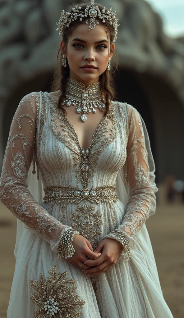 A beautiful girl in a silver dress, highly detailed portrait, elegant pose, cinematic lighting, photorealistic, 8k, best quality, masterpiece, intricate details, volumetric lighting, hyper realistic skin, detailed facial features, mesmerizing eyes, lush lips, long eyelashes, soft glowing skin, flowing silver dress, graceful movement, serene expression, atmospheric background, cinematic framing