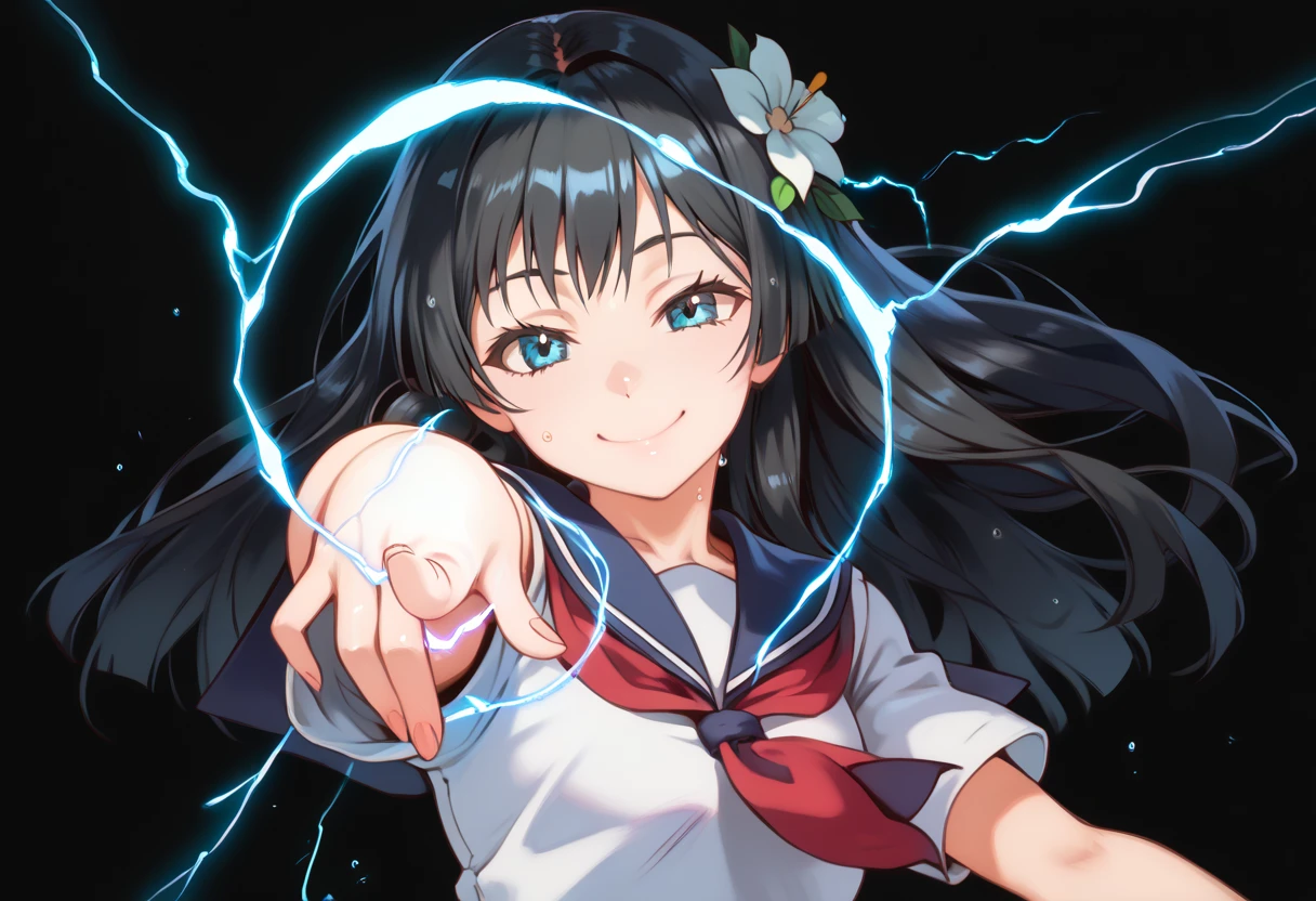 saten ruiko, black hair, blue eyes, long hair, hair ornament, flower ornament,blue skirt, pleated skirt, sakugawa school uniform, school uniform, serafuku, skirt, summer uniform,,score_9, score_8_up, score_7_up, ,perfect hands, perfect finger,perfect anatomy, masterpiece, best quality,realistic, hyperrealistic, 16k hdr,1 mature female,black background,sweat,(pointing electricity:1.2), facing viewer, looking at the viewer, electricity, electrokinesis,(smile:1.5),(strong wind:1.3),(tilt head:1.5),(aura:1.5)