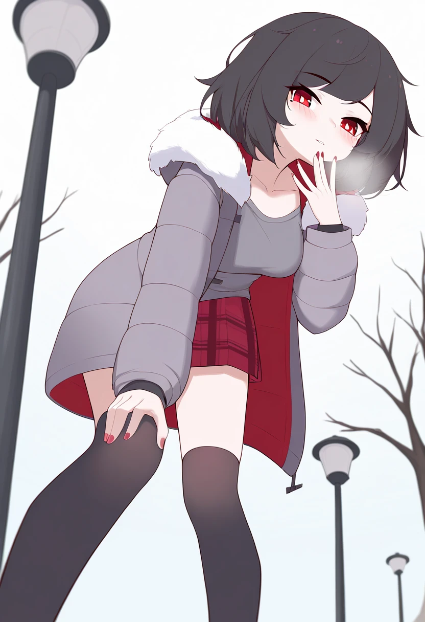  one girl,bare tree,black  long socks ,hazy,blush,breasts,breathing,Black hair,building,coat, Depth of field , nose point ,From below ,fur-trimmed coat, fur trim ,grey coat,grey  shirt ,grey Short, A lamp post , leaning forward , long sleeves , looks at the viewer,Medium breasts ,Mole,Mole under eye, nail polish , open clothes ,open coat, close-up of , long socks ,parted lips, square clothes ,plaid Short,Access,Access towards viewer, red eyes , red nails ,red  floats , floats , shirt ,short hair,Short, snowfall ,Alone, drop-down explosions ,tree,winter,meaning, Tianliang Duhe Fang Dongye,