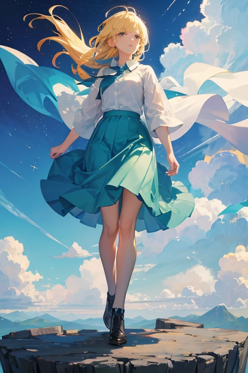 masterpiece，  High Quality ，  from movie stills ， One person girl，Blonde，night，night空，  in the sky， Cloud Girl， cloud， （ close-up chest ： 1.1），   colorful ，  transparent body，Sparkling，  Full Body Lesbian ， green skirt， blue skirt， transparent clothes