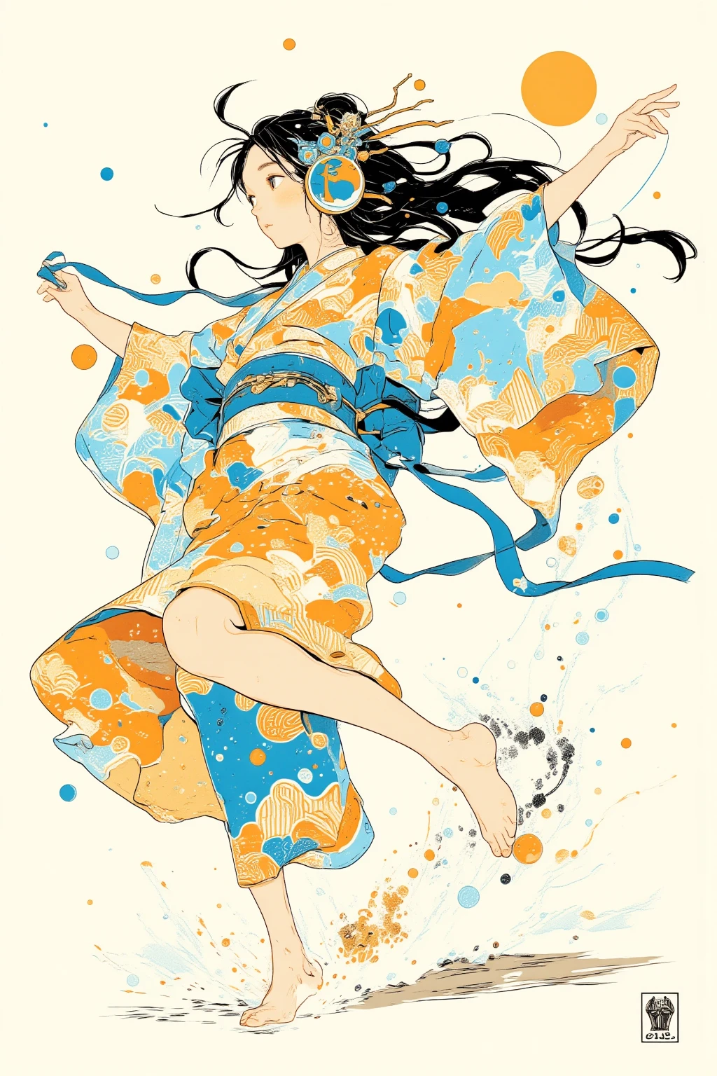 A woman in a yukata dances brilliantly barefoot,Millerball ,I'm plummeting to the ground , poster art, Screen Printing Poster,  graphic novel cover art ,  graphic details ,  promotional artwork , Poster illustration, Illustrated poster, By Jens Sondergaard   ,  fashion illustration drawn on a watercolor white paper background,Promotional Poster, , comic book cover , Inspired by Emil Lindenfeld ,Concentrated line, 