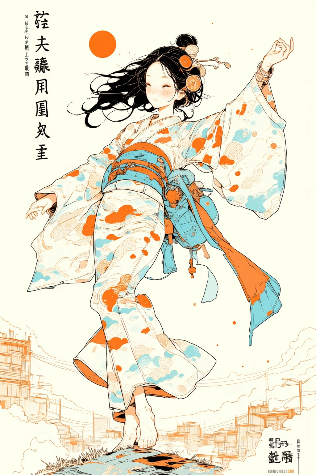 A woman in a yukata dances brilliantly barefoot,Millerball ,I'm plummeting to the ground , poster art, Screen Printing Poster,  graphic novel cover art ,  graphic details ,  promotional artwork , Poster illustration, Illustrated poster, By Jens Sondergaard   ,  fashion illustration drawn on a watercolor white paper background,Promotional Poster, , comic book cover , Inspired by Emil Lindenfeld ,Concentrated line, 