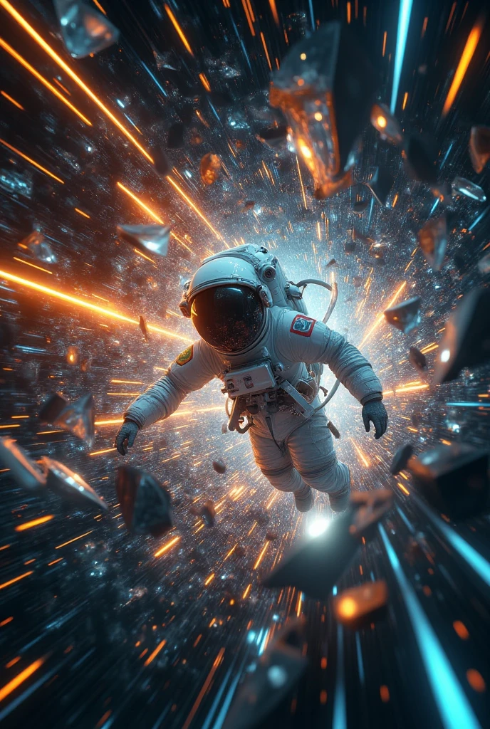 An astronaut is in rapid freefall through a chaotic, multi-dimensional space tunnel. Surrounding the astronaut are floating fragments of broken glass, spaceship debris, and metallic shards, their surfaces shimmering like mirrors. These fragments reflect the astronaut’s memories: glimpses of their face inside the helmet, peaceful moments from life on Earth—family under a glowing sunset, ren laughing, or staring at the starry sky. Some shards show uncertain future visions: a spaceship launching, planets breaking apart, or futuristic cities collapsing. These reflections create an overwhelming sense of time travel and the blending of past, present, and future.

The space tunnel is filled with streaks of glowing energy lines—orange, blue, and white—rushing past the astronaut at light speed, distorting and stretching the surroundings as if time and space are unraveling. The background features a black hole-like void, its gravitational pull warping light, debris, and reflections into spiraling patterns. As the astronaut descends, the fragmented reflections flicker and shift, enhancing the feeling of rapid motion and temporal distortion.

The color palette is dominated by deep blacks, neon blues, and fiery oranges, with shimmering metallic reflections adding depth. The debris and glowing energy lines appear blurred and stretched, emphasizing the extreme velocity of the descent. This creates a surreal and emotional atmosphere, blending science fiction, dreamlike visuals, and the concept of time travel. The scene evokes a sense of existential solitude, memory, and the uncertainty of what lies ahead, inspired by the visual aesthetics of ‘Interstellar’ and the distortion of time and space near a black hole