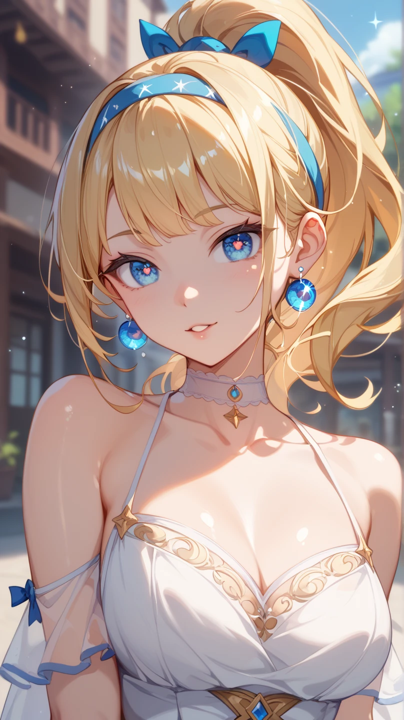 solo、Blonde、Straight Hair、 high ponytail 、Long sideburns on both sides、 expressive hair 、 shiny hair、 split bangs、 Asymmetrical Bangs 、 big eyes、Droopy eyes、 blue eyes、 colorful eyes、 gradient eyes、 Bright Eyes 、 with sparkling eyes 、Eye Reflexes、 inviting 、 slim、 white dress、 long dress 、 transparent fabric 、Fits your body、 headband、 sparkling earrings 、 choker 、 high definition 、 Ultra Fine、 top quality 、 very detailed、 details、 simple background、 Blurred Background、 cowboy shot、Character portrait、