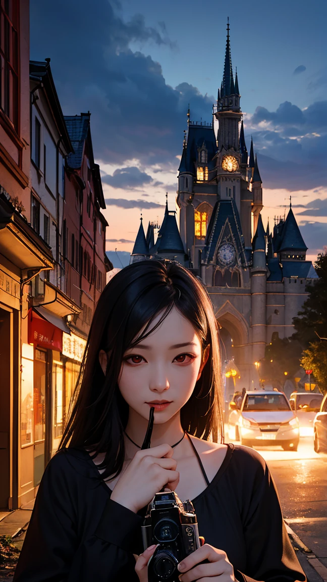 Best quality, Masterpiece, 超高分辨率, (photograph realistic:1.4), surrealism, Dream-like,fusionart, Shadowdancer, shadow magic,Red-eyed, Black-haired vampire，Dilapidated castle in the background