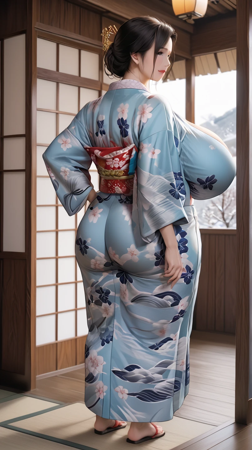 japanese mature woman wearing Japanese Yukata, full body shot, covered gigantic breasts, braless, back view