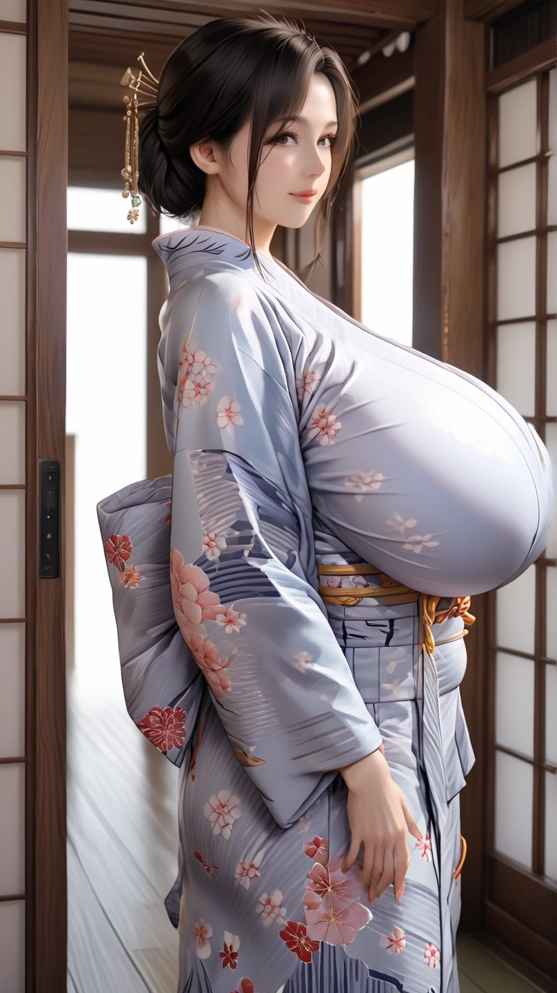 japanese mature woman wearing Japanese Yukata, full body shot, covered gigantic breasts, braless, side view