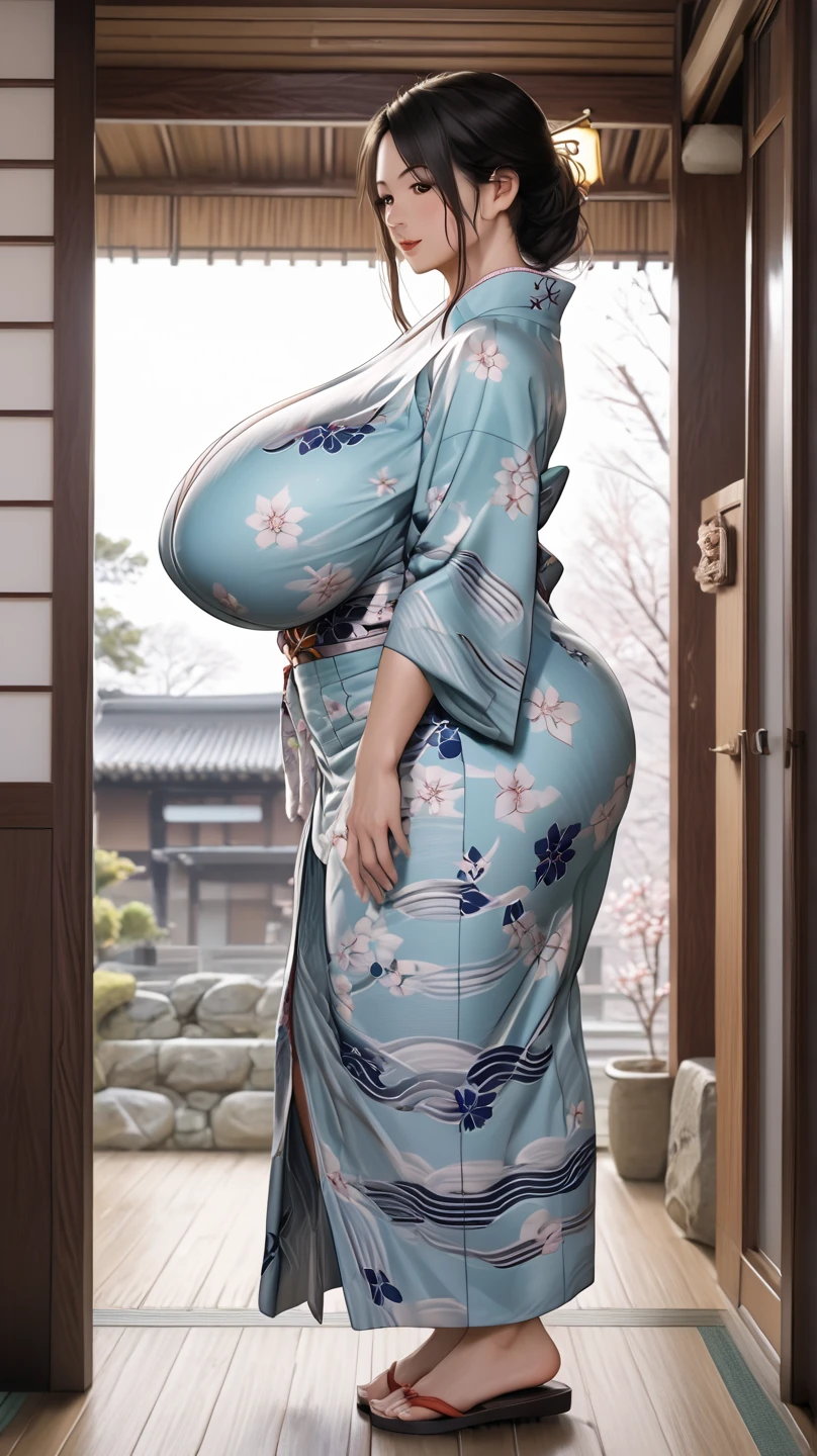 japanese mature woman wearing Japanese Yukata, full body shot, covered gigantic breasts, braless, side view