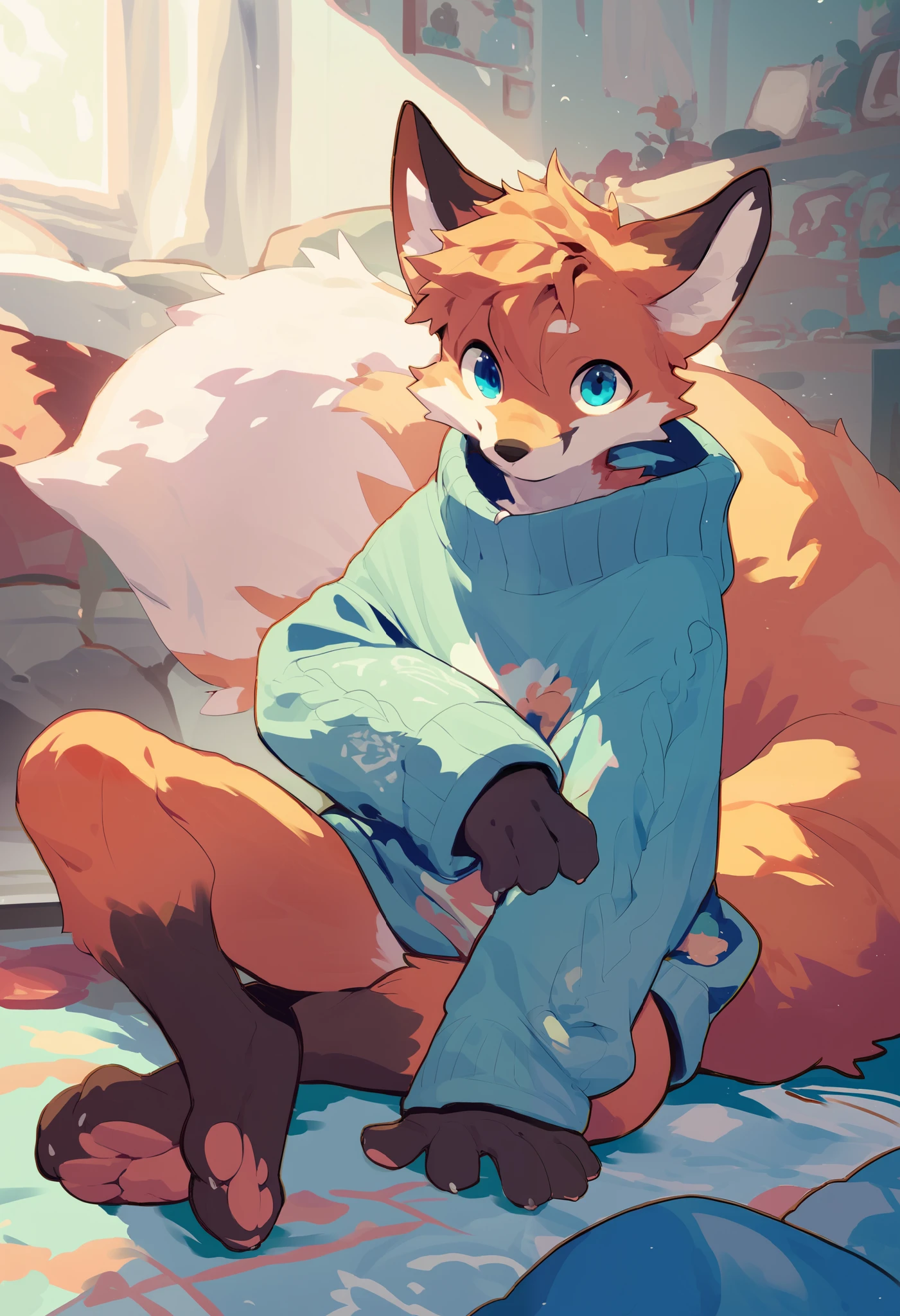 a fox with complexly patterned fur,  blue eyes, cute, wearing an oversized v cut sweater, paws, fluffy, large tail, messy hair, male, background is a bedroom, detail