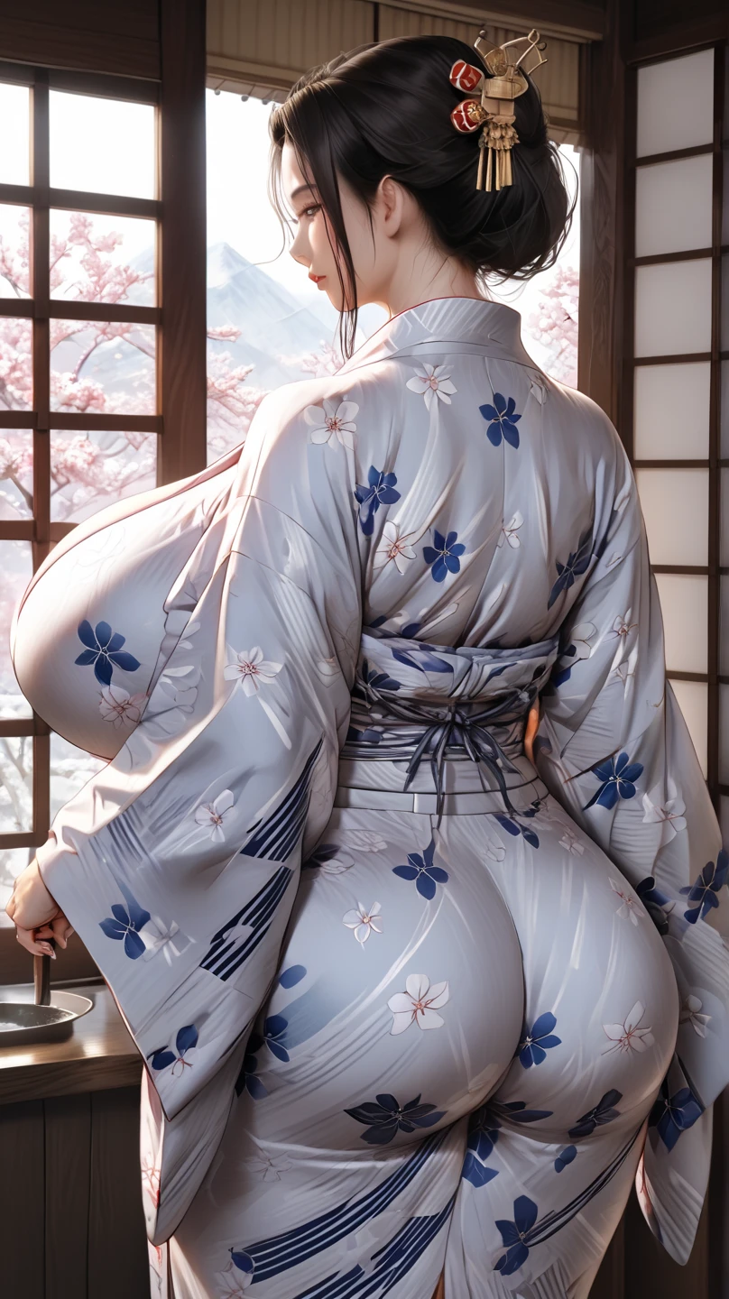 japanese mature woman wearing Japanese Yukata, cowboy shot, covered gigantic breasts, braless, back view