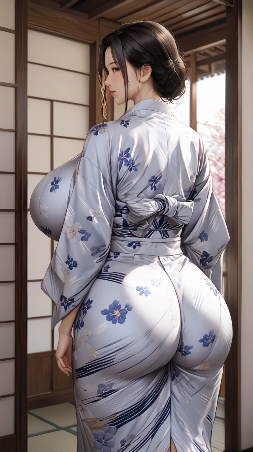 japanese mature woman wearing Japanese Yukata, cowboy shot, covered gigantic breasts, braless, back view