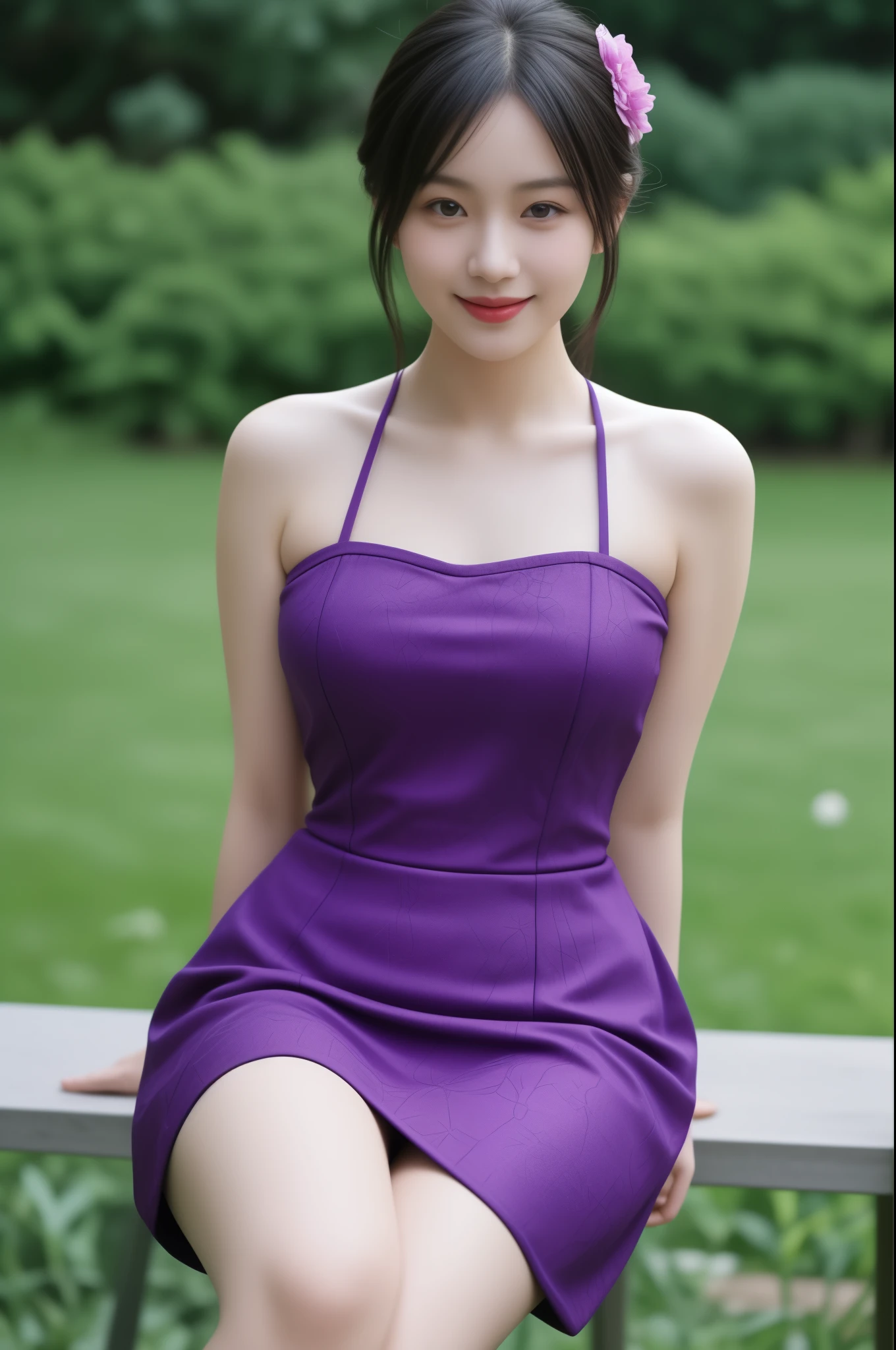 Realistic photo, beautiful Asian girl wearing a detailed dark purple short qipao, curvy figure, slim waist, bare shoulders, smiling, sitting, blurred background of flower garden.
