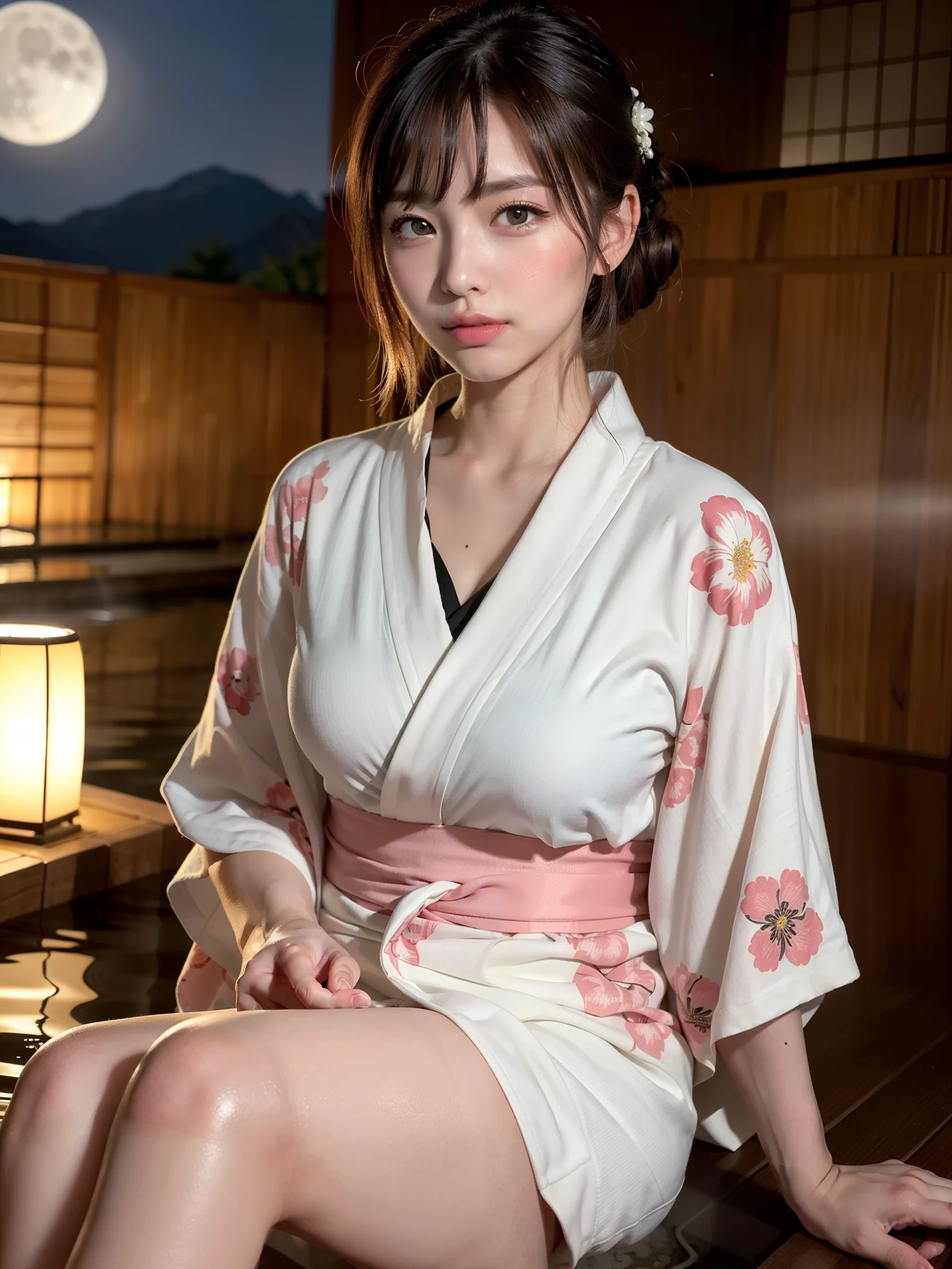 (colorful printed japanese Kimono: 1.2), ((of the highest quality, 8K, masutepiece: 1.3, Raw photo)), Sharp Focus: 1.2, (1 AESPA Girl :1.1), Solo, (Realistic, Photorealistic: 1.37), (Face Focus: 1.1), Cute face, hyperdetailed face, short messy hair, showing Small breasts, flat chest, (open-air bath at night in a hot spring in Japan: 1.2), (blush: 1.2), (girl is Lying on the hot water: 1.3), moon light, Thigh, spread legs,