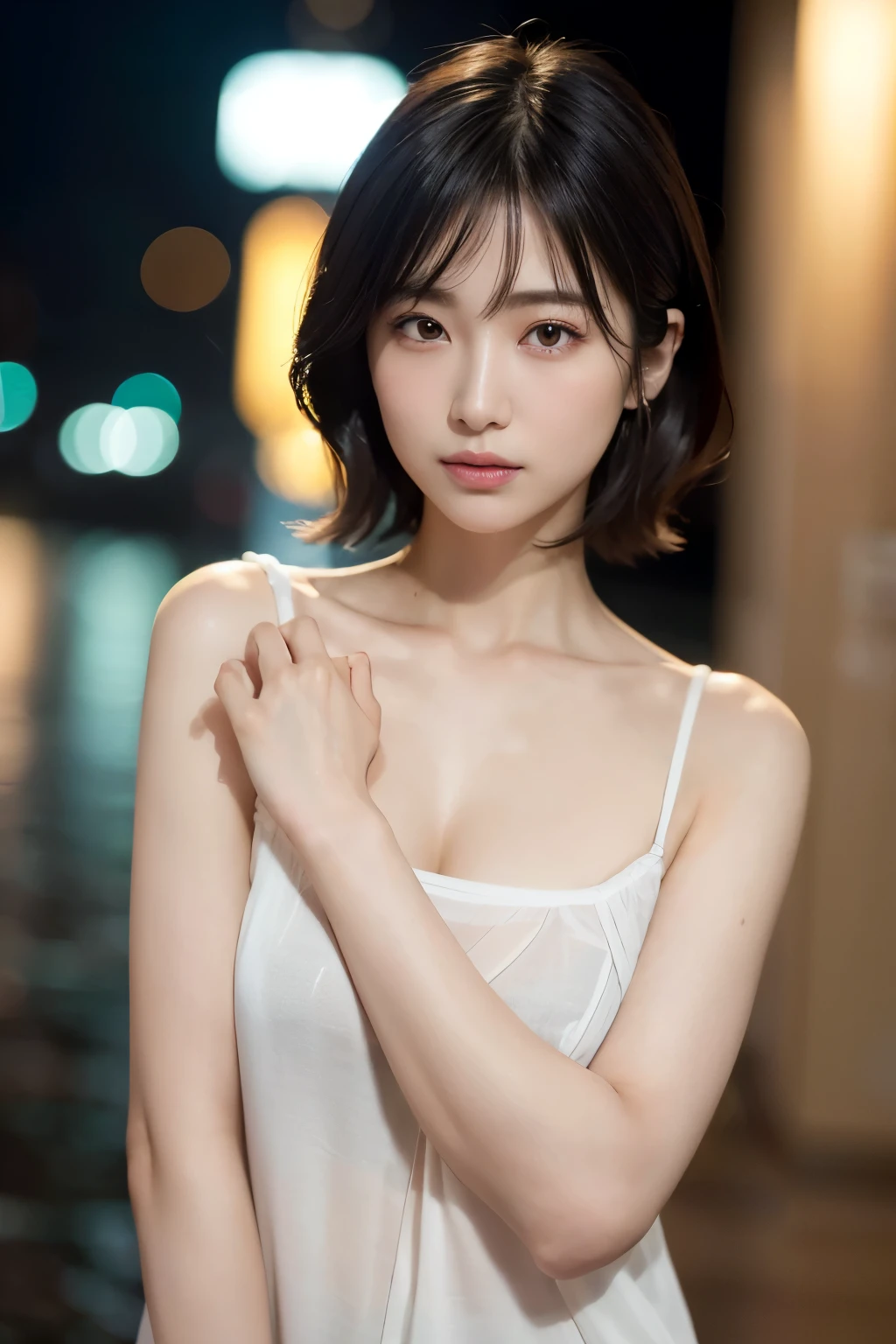 Random Pause, Mix 4, (8K, RAW Photos, Highest quality, masterpiece: 1.45), (Realistic, photoRealistic: 1.37), one girl, cute, Cityscape, night, rain, Wet, Professional Lighting, Photon Mapping, Radio City, Physically Based Rendering, Gradient black hair, Gray Hair, Short Curly Hair, good looking, girl, Deep V-neck slip dress, Pale skin, Highest qualityの写真, High resolution, 1080P, (Clear Face), (Detailed face description), (Detailed hand description), (masterpiece), (Exquisite CGI), Extreme light and shadow, Disheveled Hair, masterpiece, Rich details, (Beautiful Faces), (Highest qualityの写真), (masterpiece), (Fine grain), Look in front of you, Thin clavicle, (Large Breasts:1.5),