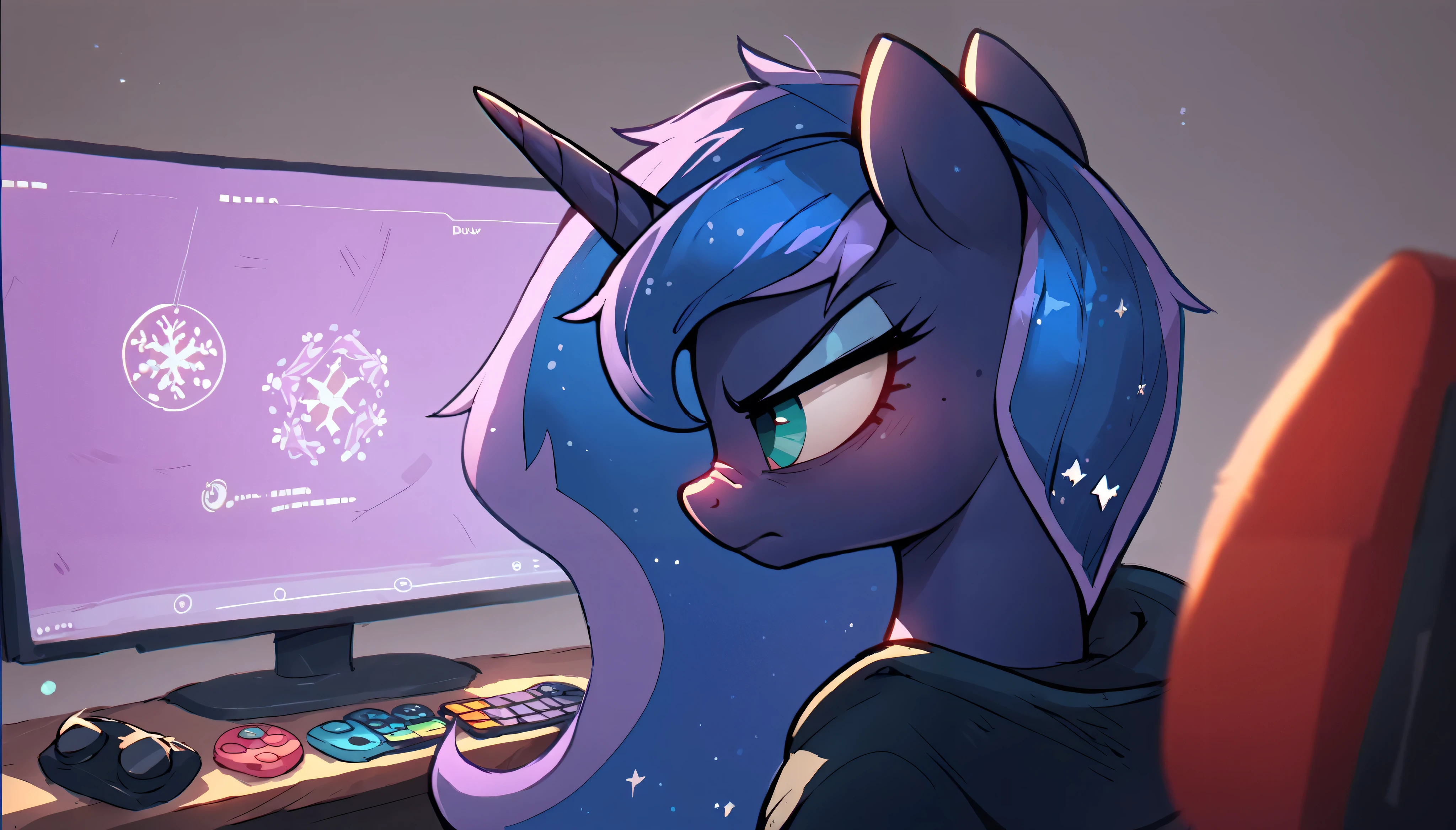 Score_9, Score_8_up, Score_7_up, Score_6_up, a serious alicorn unicorn, player of Princess Luna from My Little Pony, represented with a dark hoodie playing in a gamer chair looking at a screen, where she is playing the mythical game 2d geometry dash. Luna's mane flows in a wavy pattern of nighttime colors, with shades of blue, purple, and violet mixing with each other. She is looking at the screen where she plays with a spoiled expression. The stage is a room. In its extended magical aura is a smartphone with a snowflake logo on the back.