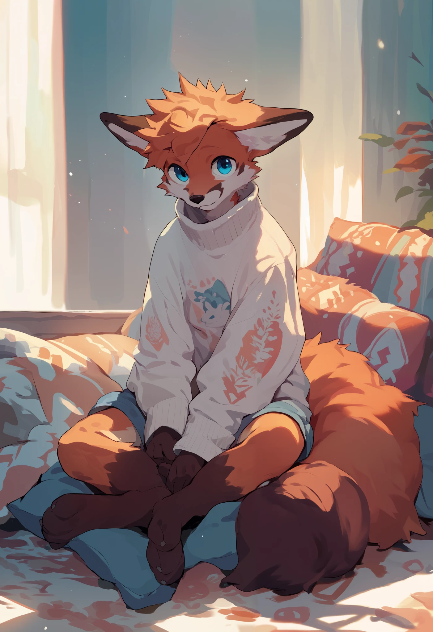 a fox with complexly patterned fur,  blue eyes, cute, wearing an oversized v cut sweater, paws, fluffy, large tail, messy hair, male, background is a bedroom, detail