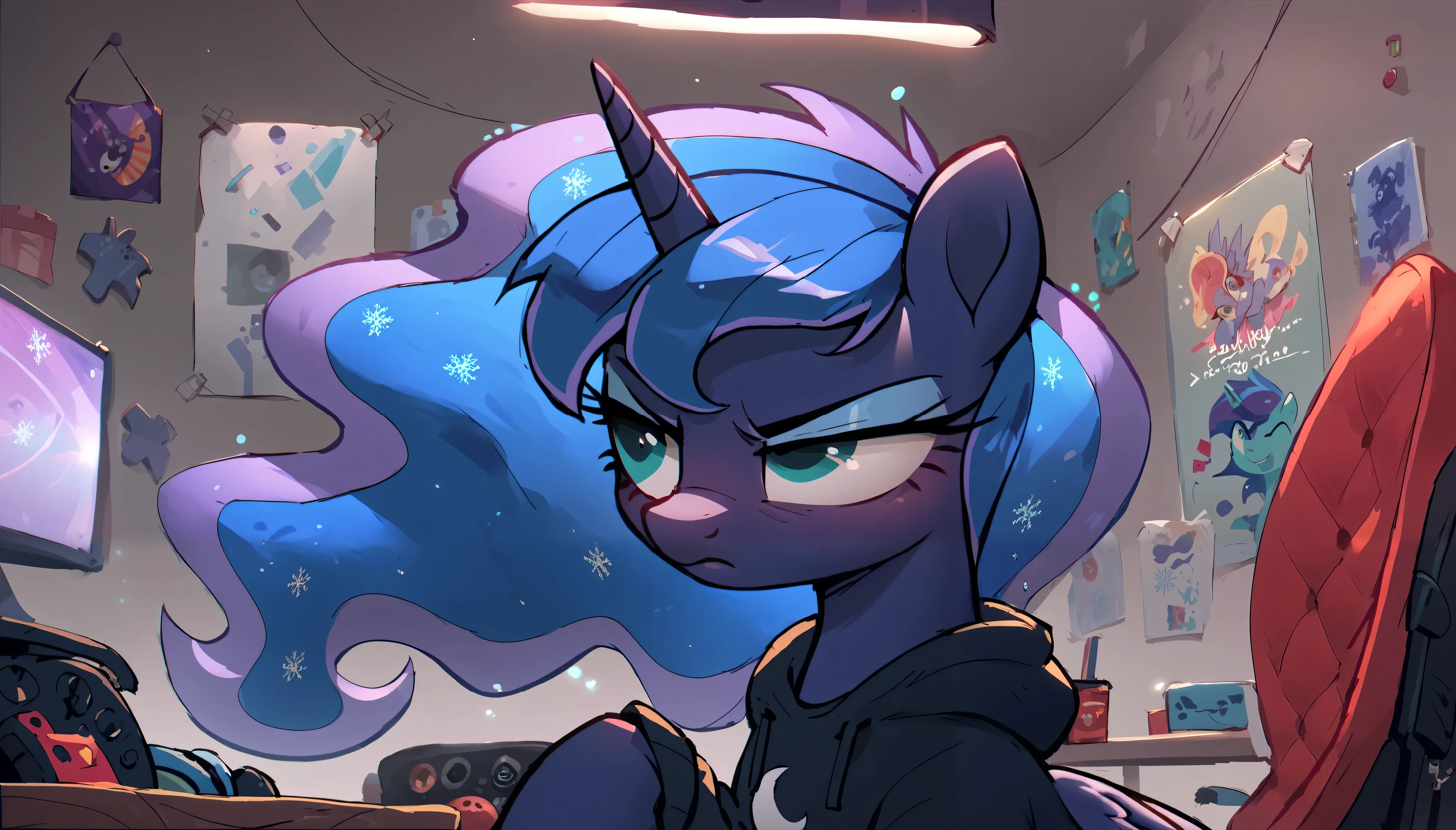 Score_9, Score_8_up, Score_7_up, Score_6_up, a serious alicorn unicorn, player of Princess Luna from My Little Pony, represented with a dark hoodie playing in a gamer chair looking at a screen, where she is playing the mythical game 2d geometry dash. Luna's mane flows in a wavy pattern of nighttime colors, with shades of blue, purple, and violet mixing with each other. She is looking at the screen where she plays with a spoiled expression. The stage is a room. In its extended magical aura is a smartphone with a snowflake logo on the back.