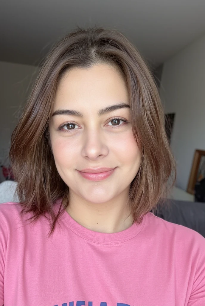  RAW photo of the woman l4r1ss4r1qu3lm3, Wearing a pink t-shirt ,  in a living room ,  detailed face ,  natural lighting , Highly detailed, absurdres, happy smile, 24-year-old mole on the forehead 
