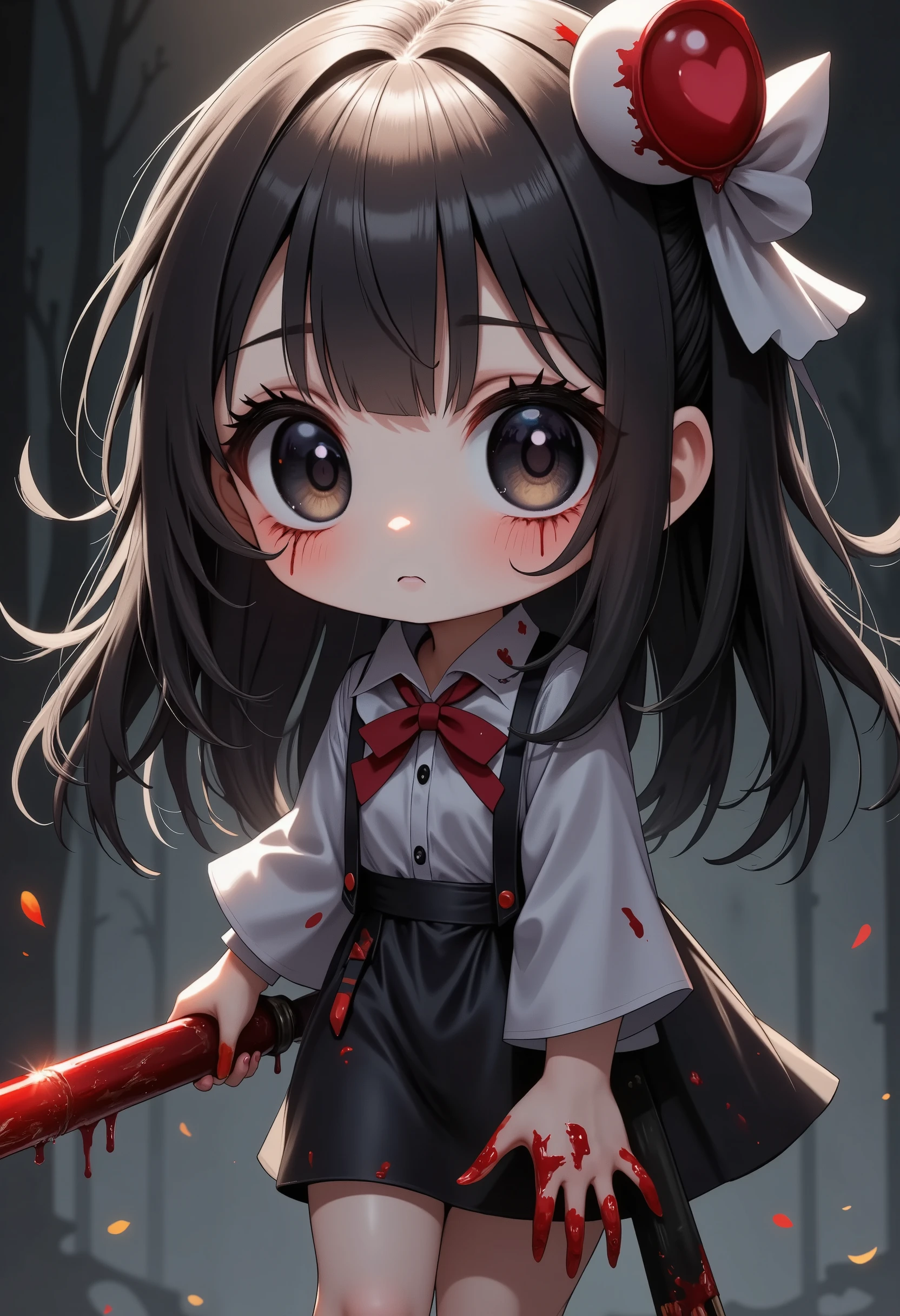 1girl\(disgust expression,lonely,empty eyes),scary,chibi,bloody sword right hand, blood on hands