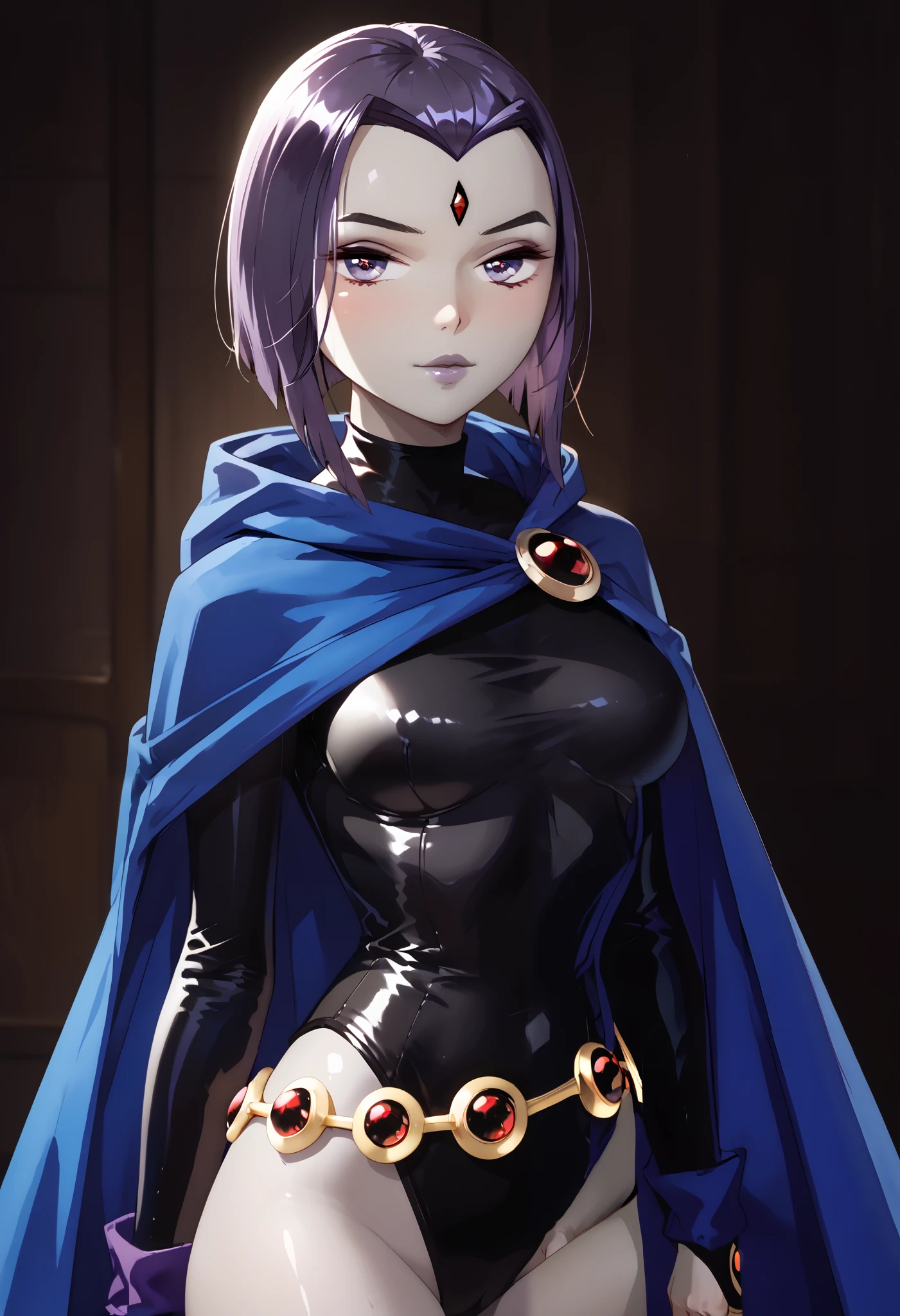 extremely detailed CG, high resolution, best quality, masterpiece, single woman, gray skin, raven (teen titans), purple eyes, (beautiful detailed eyes: 1.4), dark purple hair, short hair, blue cloak (unhooded), black  long-sleeved leotard, golden belt, natural pose, dark background