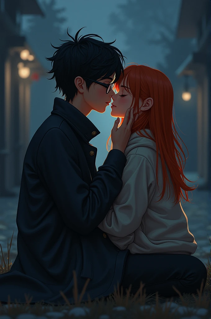 take a photo of a black-haired man and a red-haired woman kissing passionately at night in the rain outside their house