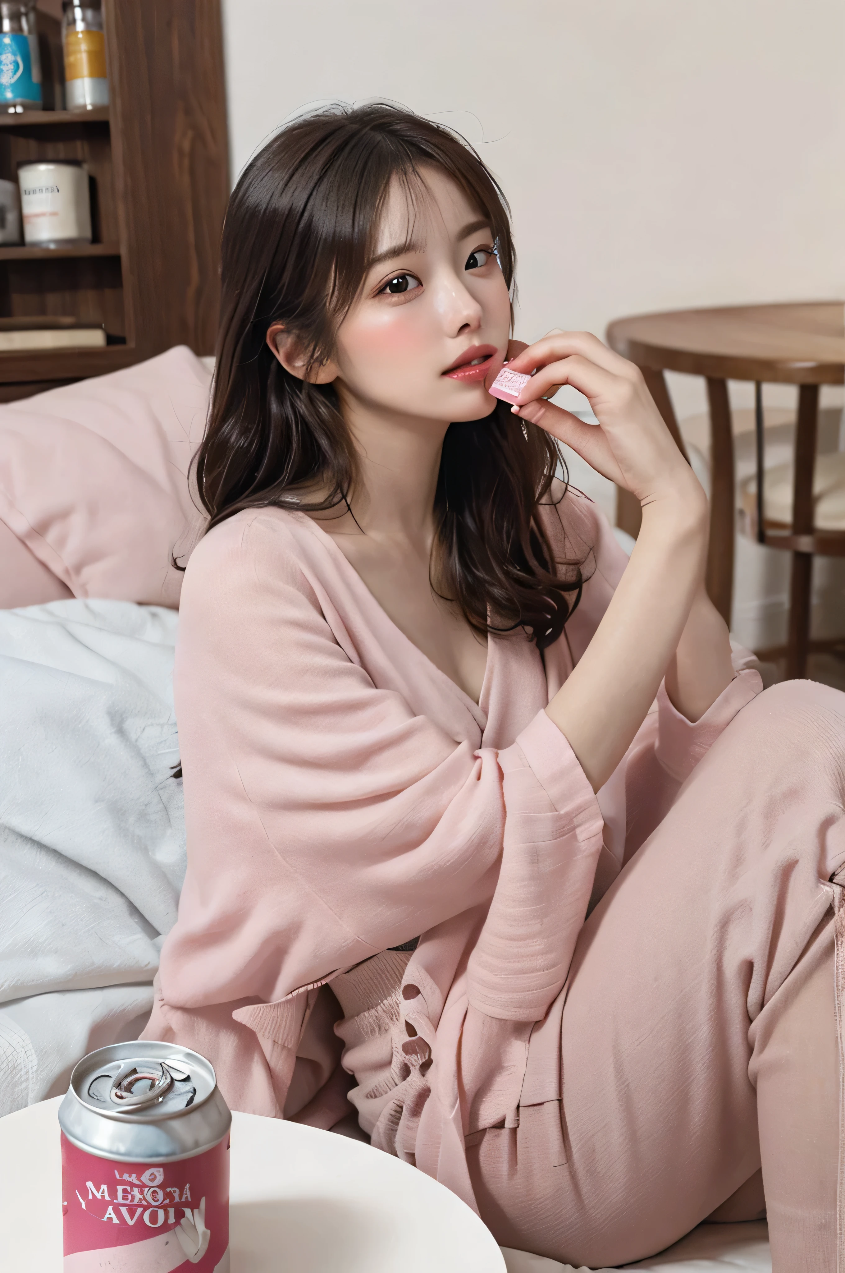(realistic, best quality) A peaceful bedroom scene with a sleeping girl in her late twenties. Her long brown hair cascades over the pillow as she peacefully rests. She is dressed in pink pajamas, wearing long pants. The room is softly lit, creating a soothing and relaxing atmosphere. The high-resolution image captures every detail, from the intricate design of the pajamas to the individual strands of hair. The colors are vivid, enhancing the overall realism of the scene. The focus is sharp, allowing for a clear view of the girl's face. The lighting is carefully set to replicate the warm, cozy ambiance of a real bedroom.