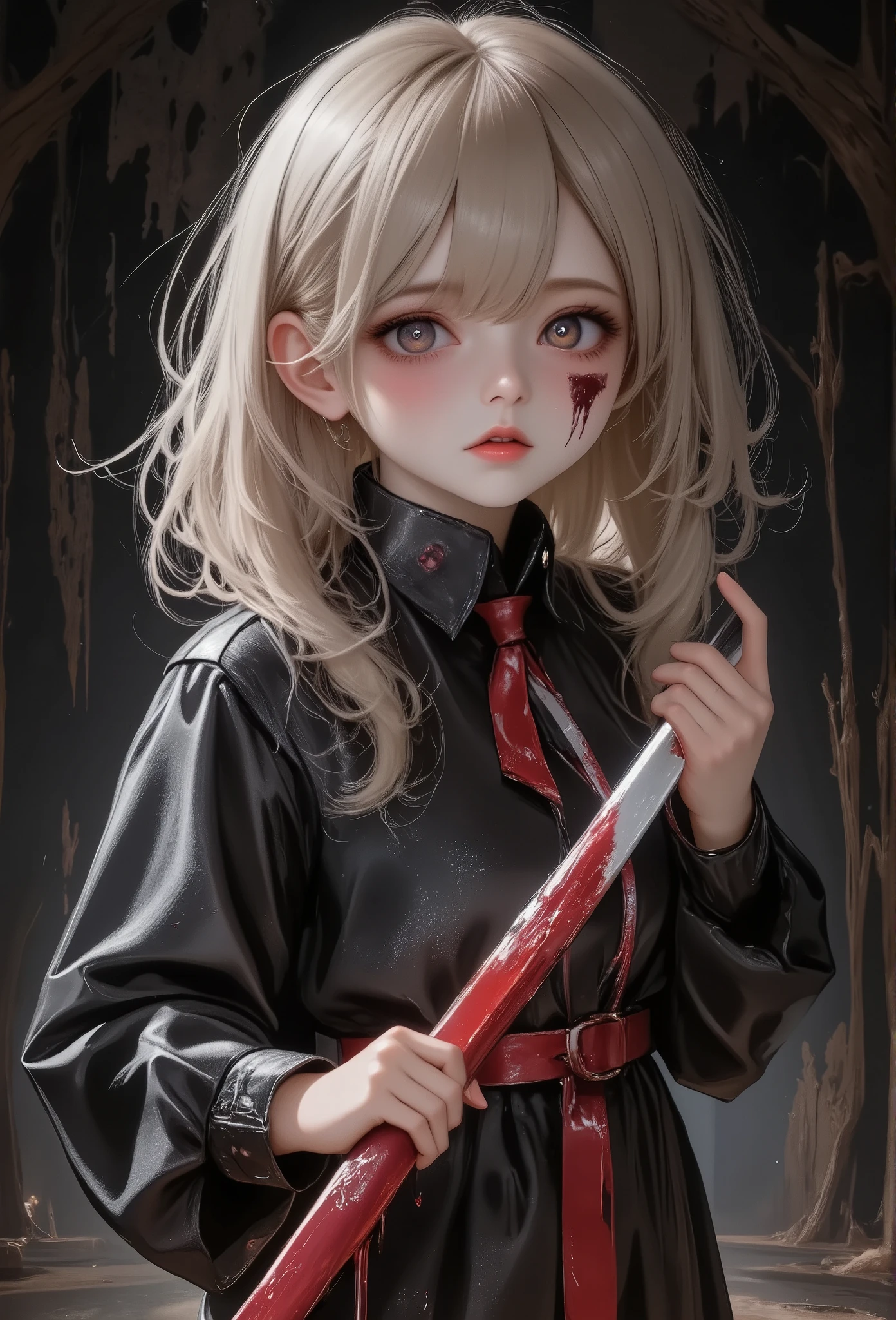 1girl\(disgust expression,lonely,empty eyes),scary,chibi,bloody sword right hand, blood on hands