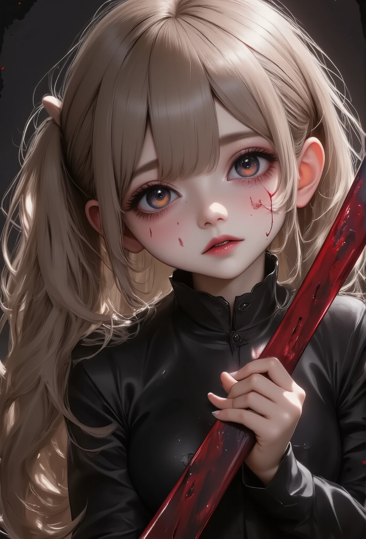 1girl\(disgust expression,lonely,empty eyes),scary,chibi,bloody sword right hand, blood on hands