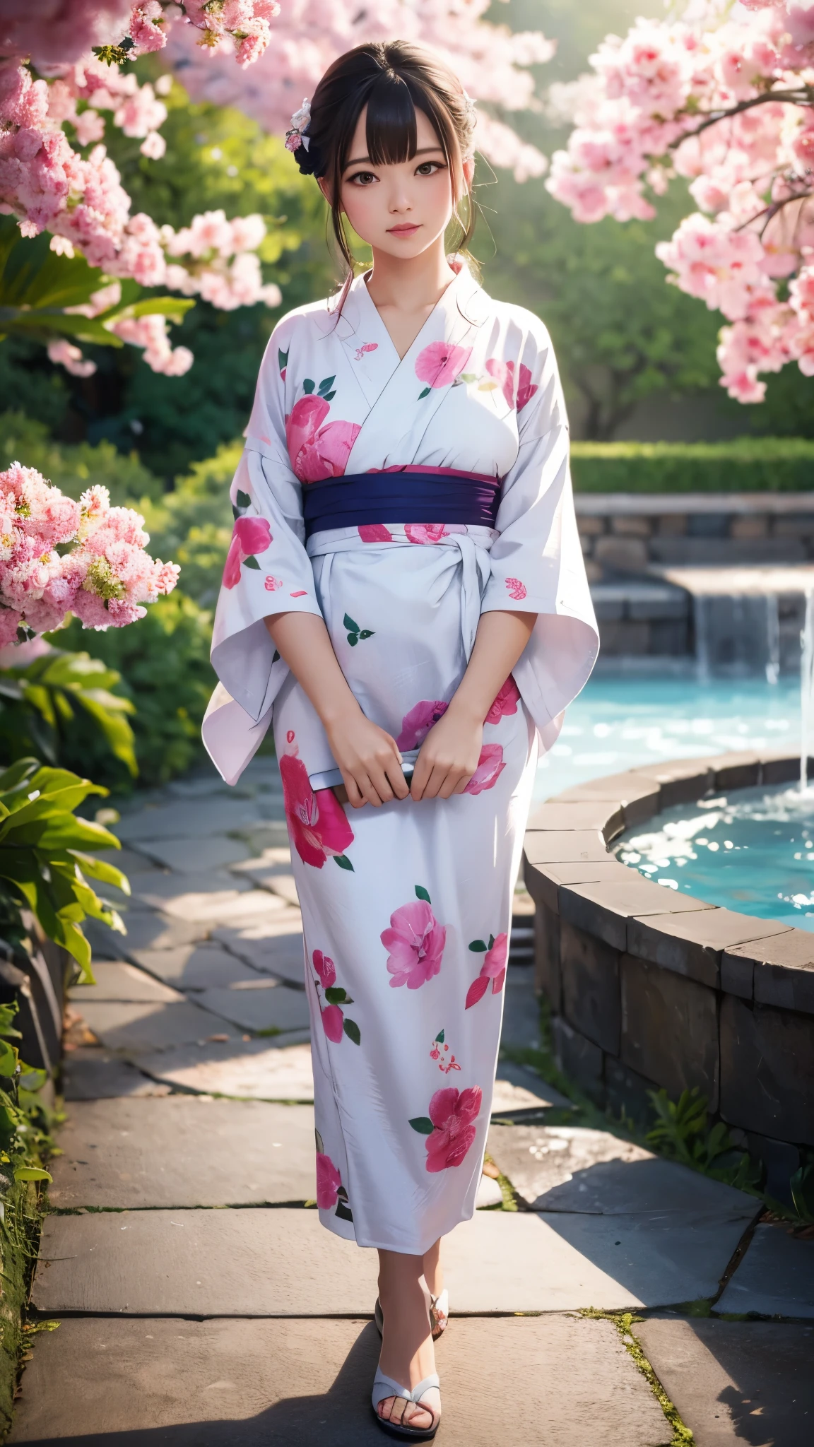  full body high definition image ，A beautiful woman in a white floral yukata in the center of the colorful hot spring town 、Beautiful woman in a white floral yukata ,  beautiful,  girl,  detailed background, 4k yen,  bright color,  face details、 full body high quality image , Cinematic dramatic atmosphere,  sharp concentration ,  volumetric lighting ,  cinematic lighting ,  Bright Atmosphere 。