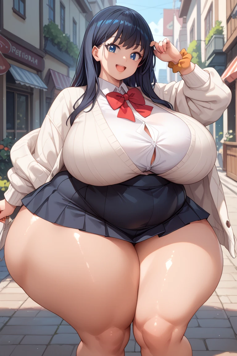 1 girl, Rikka Takarada, blue eyes, Black Hair, Long Hair, bangs, , White cardigan, Black mini skirt, Red ribbon, Orange Wrist Scrunchy, Huge breasts、Huge Ass、Very thick thighs、Sexual smile、masterpiece:2, High resolution、High image quality、High resolution、8k,Anime Style、Shiny skin、Oily skin、fat, chubby, obese, gigantic arms and legs, large breasts open mouth, massive legs down to ankles, extremely wide hips
