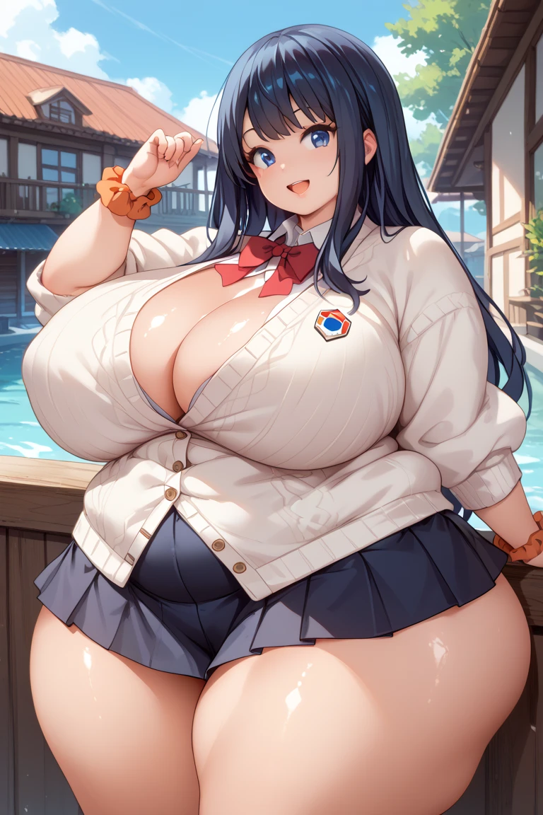 1 girl, Rikka Takarada, blue eyes, Black Hair, Long Hair, bangs, , White cardigan, Black mini skirt, Red ribbon, Orange Wrist Scrunchy, Huge breasts、Huge Ass、Very thick thighs、Sexual smile、masterpiece:2, High resolution、High image quality、High resolution、8k,Anime Style、Shiny skin、Oily skin、fat, chubby, obese, gigantic arms and legs, large breasts open mouth, massive legs down to ankles, extremely wide hips
